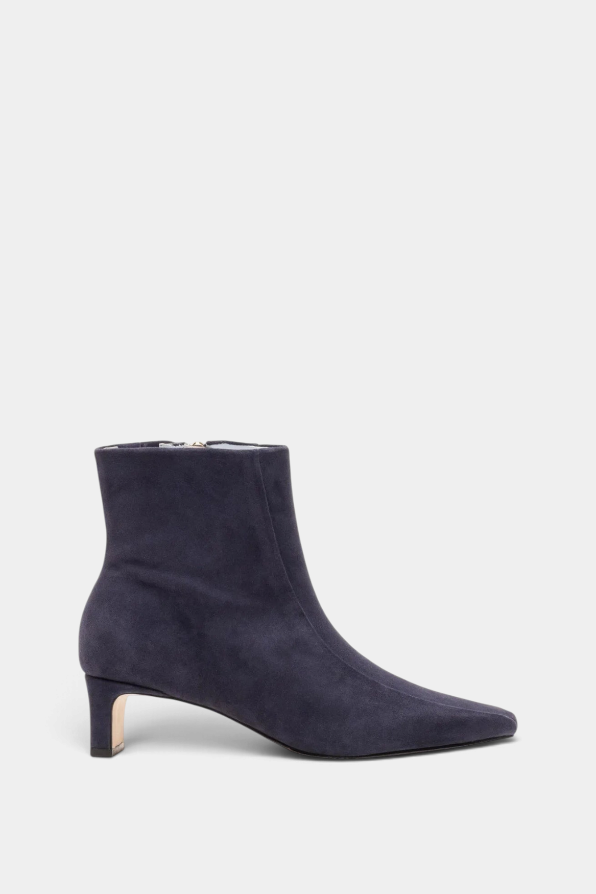 The Copper Shed Marianne navy blue stretch suede ankle boot with a two-inch block heel and almond toe