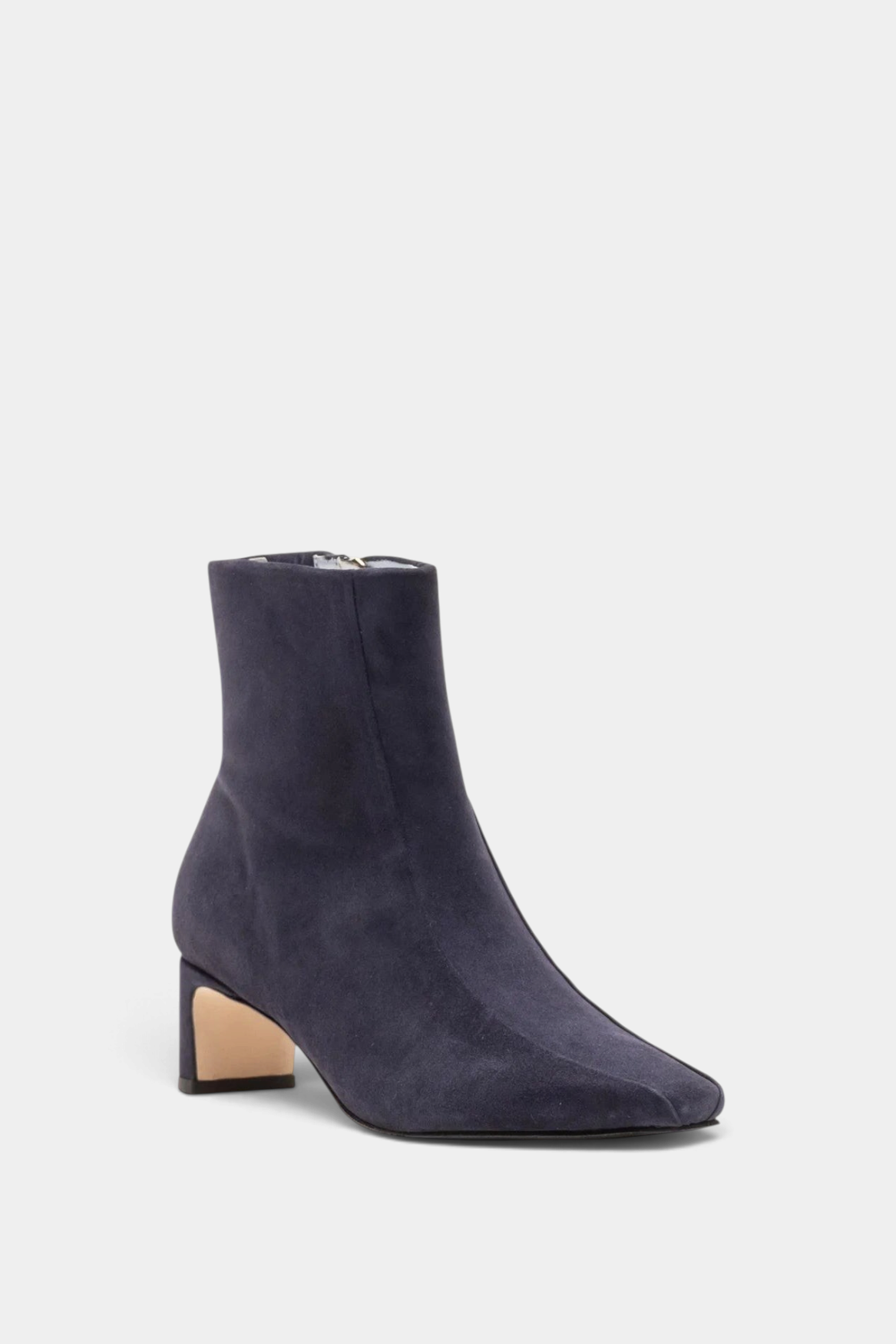 The Copper Shed Marianne navy blue stretch suede ankle boot with a two-inch block heel and almond toe.