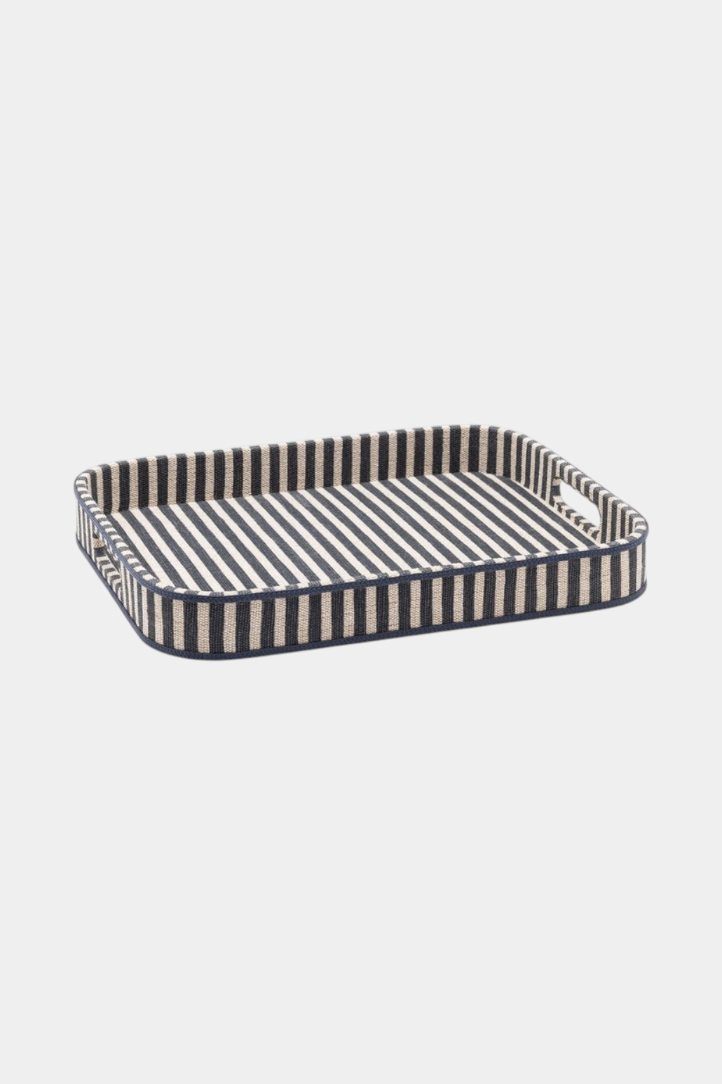 The Copper Shed Martello rectangular tray in navy and natural striped cotton jute with leather edge detailing.