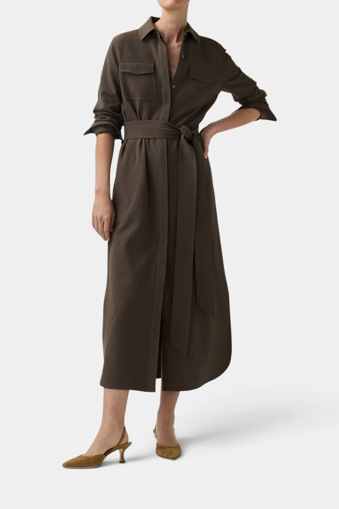 The Copper Shed Maude dress in dark brown textured cotton-wool blend with chest pockets and a trapunto-stitched belt.