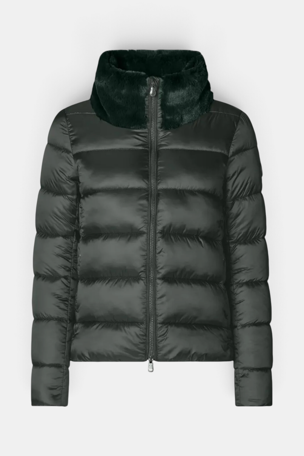 The Copper Shed Mei jacket in black with channel quilting, front zip closure, and a plush faux fur stand collar.