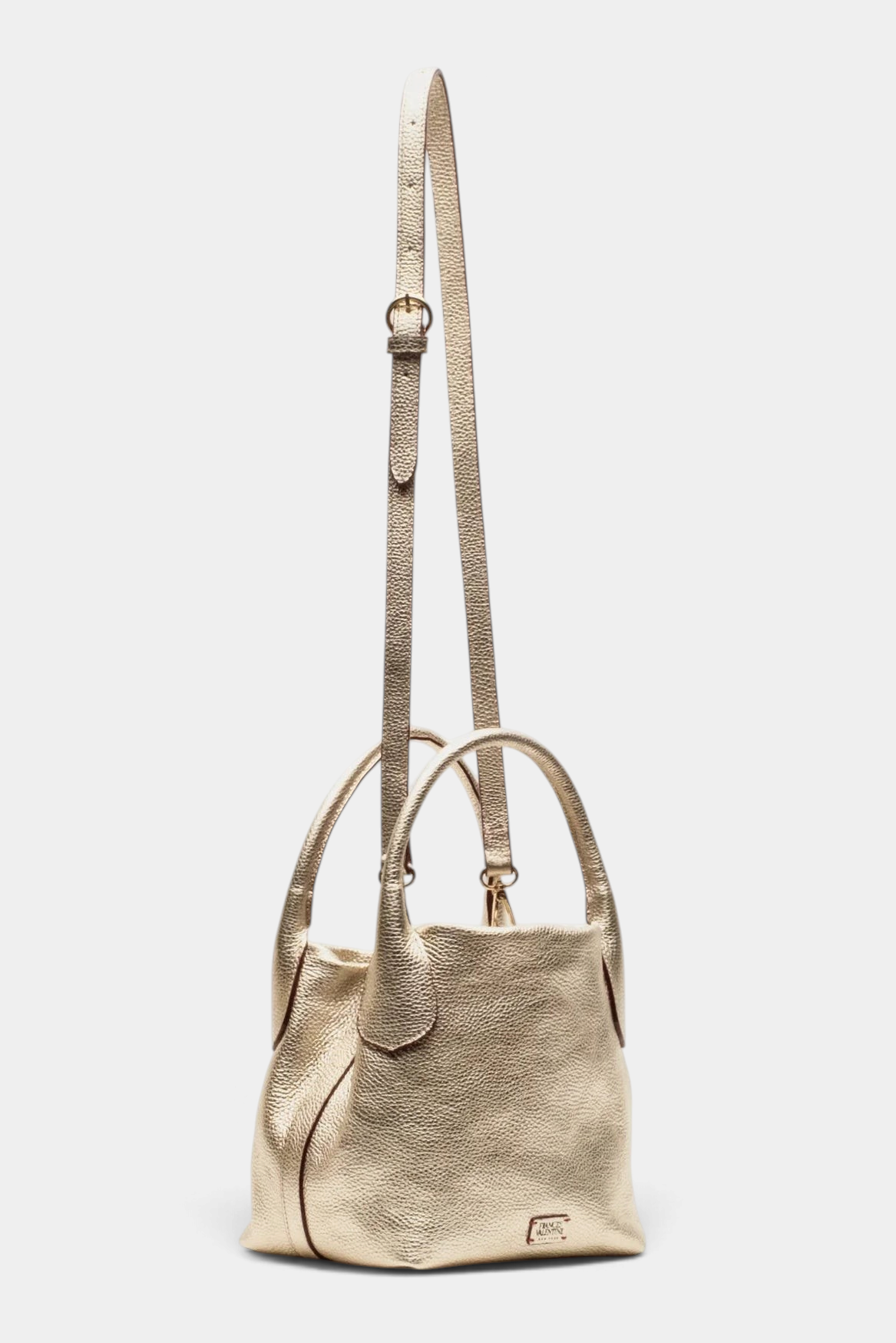 The Copper Shed Mini Sweet Pea metallic gold Italian tumbled leather tote bag with an adjustable crossbody strap.