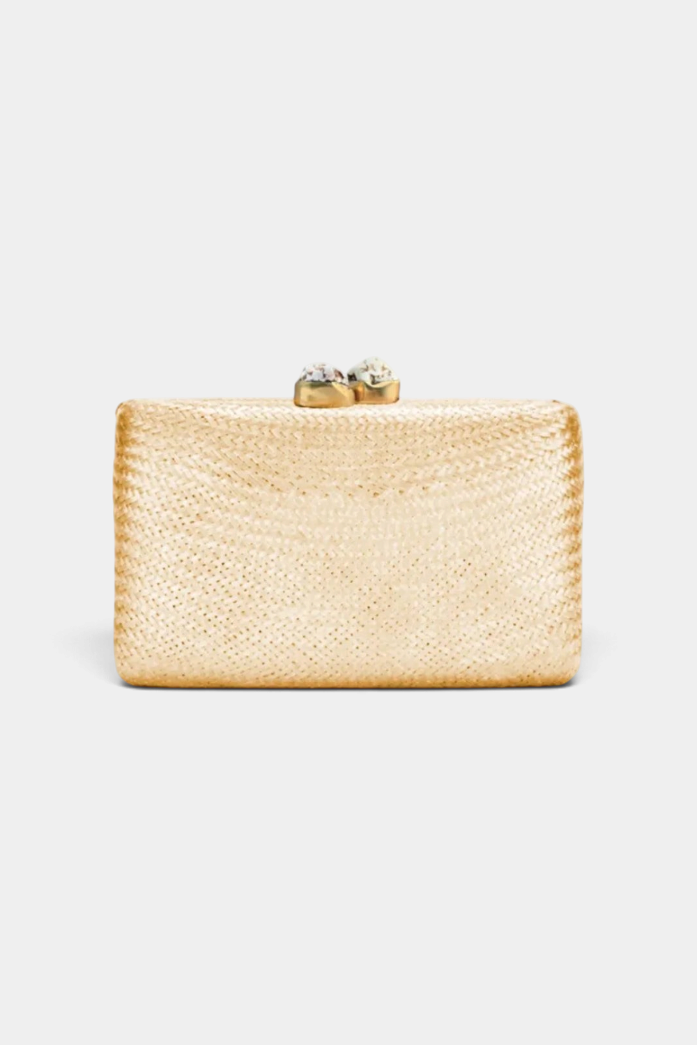 The Copper Shed metallic light gold handwoven buri palm fiber rectangle clutch with a white stone brass clasp