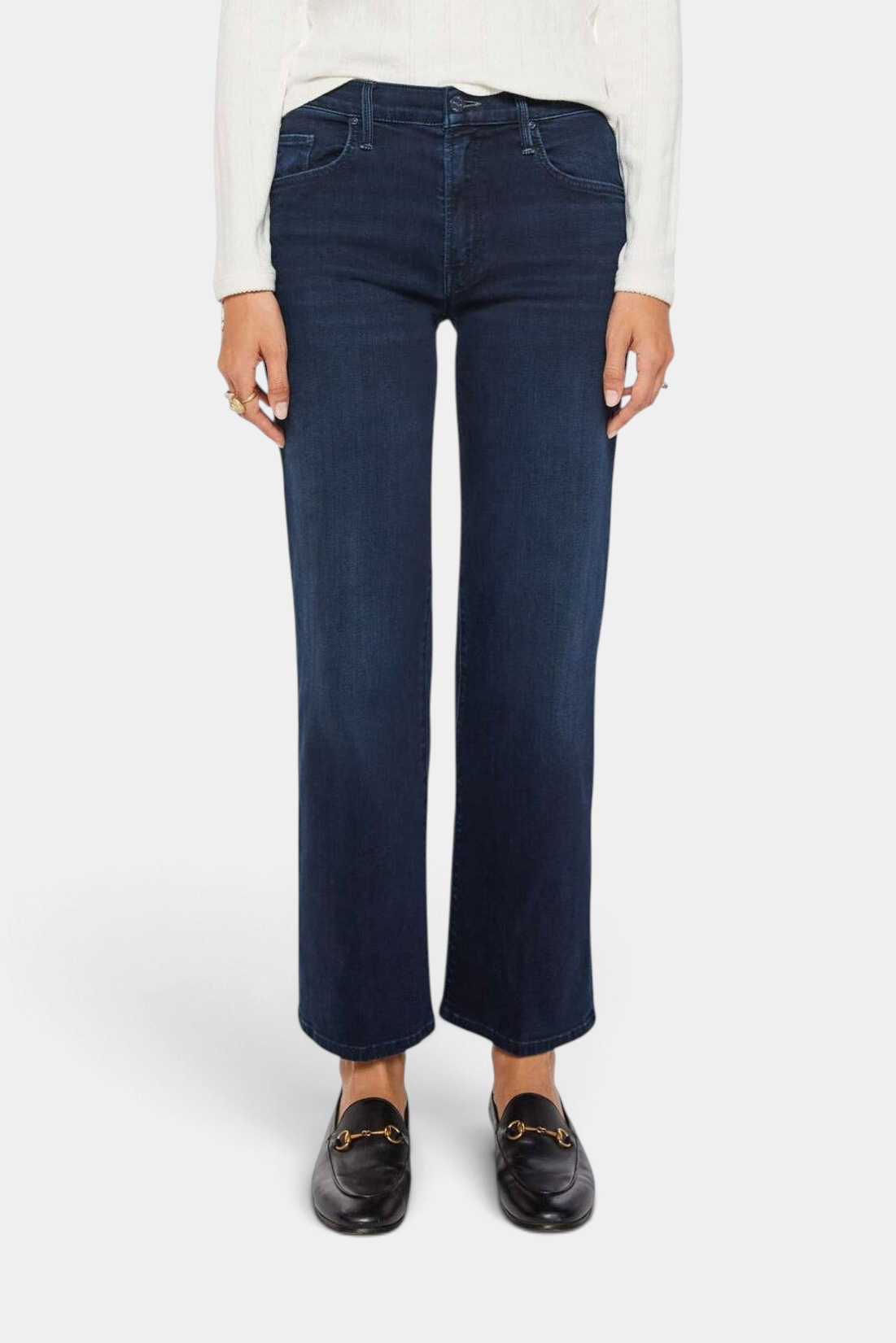 The Copper Shed mid-rise dark blue stretch denim jeans with a wide straight leg and ankle-length cut