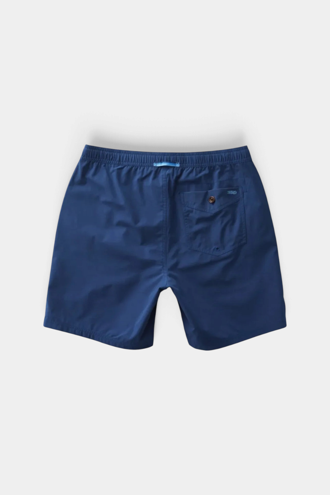 The Copper Shed Migration Drawcord shorts in navy blue, featuring a rear welt pocket with a button and elastic waist.