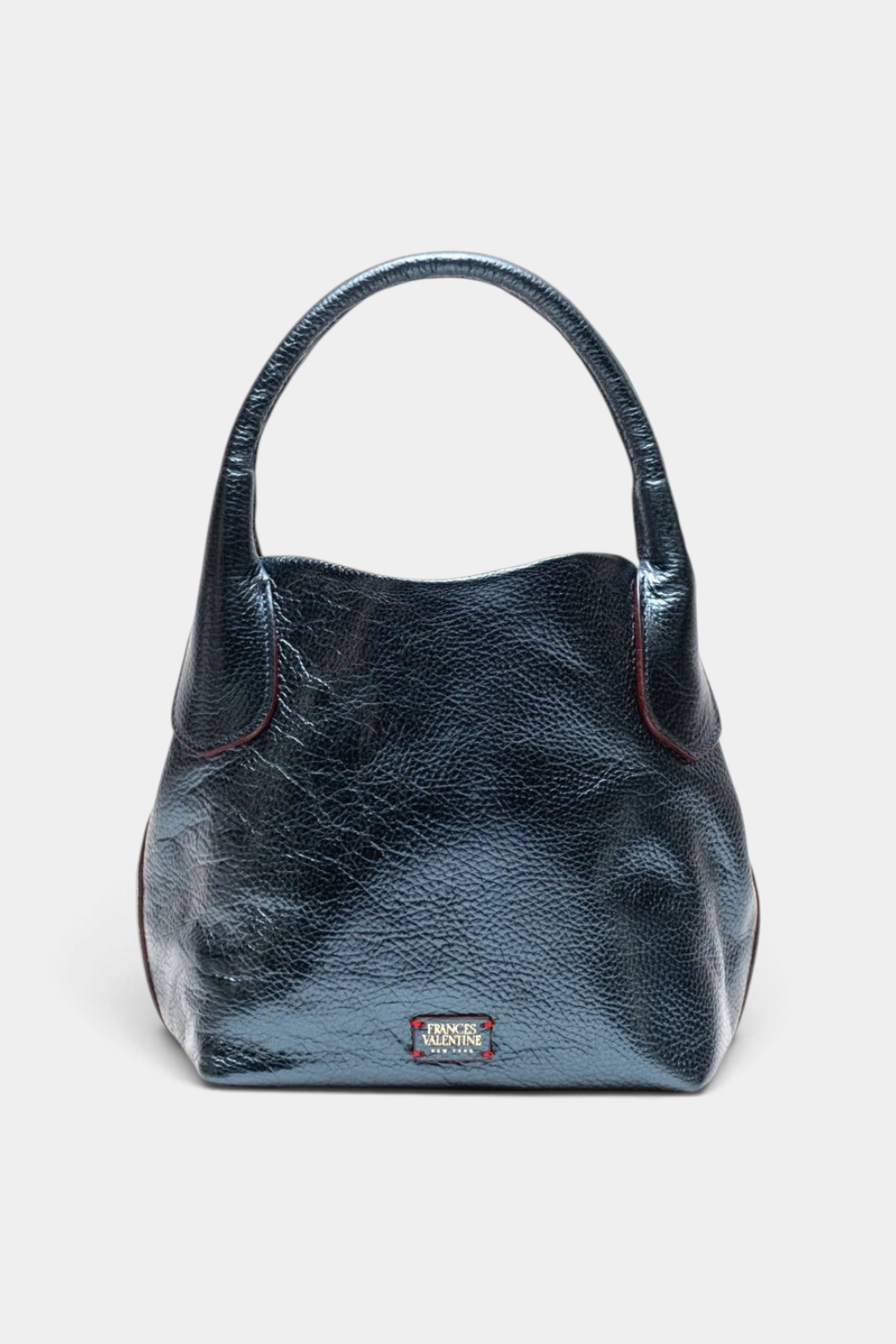 The Copper Shed Mini Sweet Pea Italian tumbled leather tote in metallic blue with a chic, versatile bucket shape.