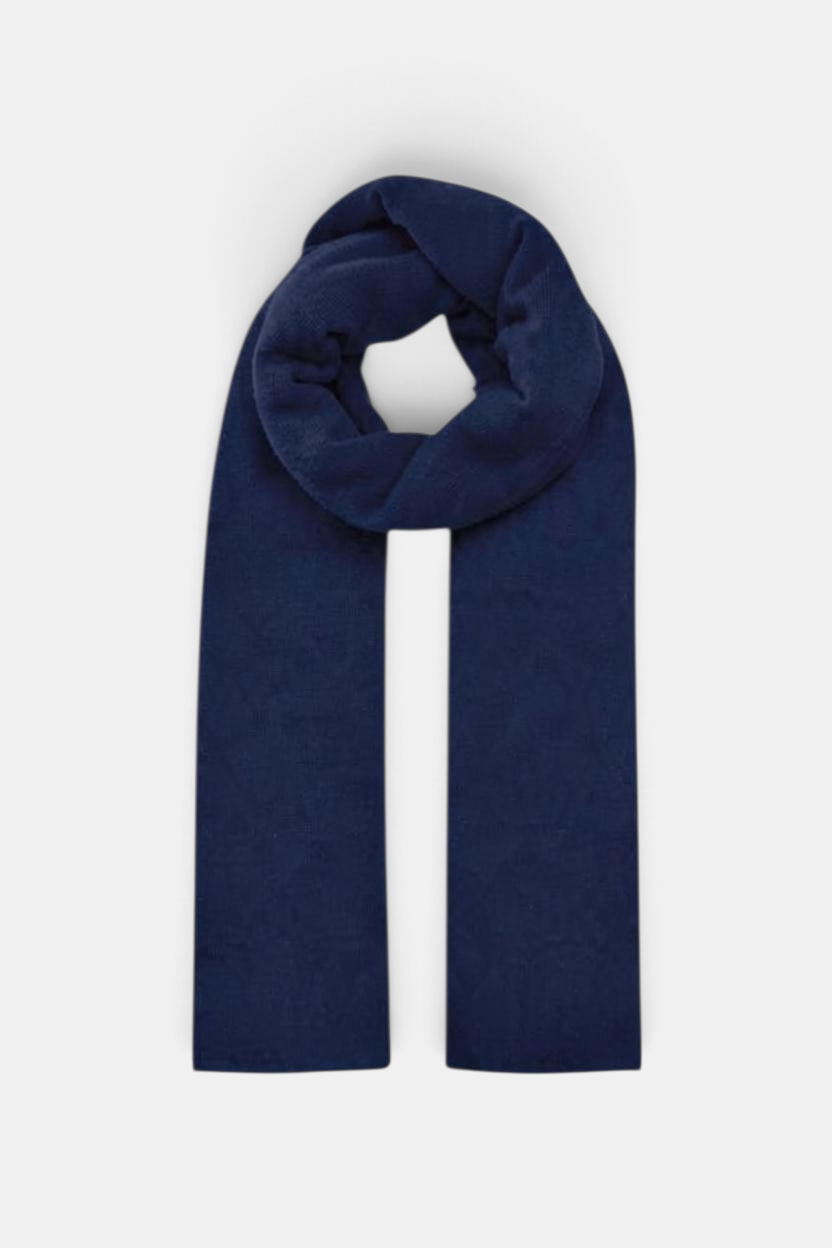 The Copper Shed navy blue featherweight wrap scarf with a soft knit texture