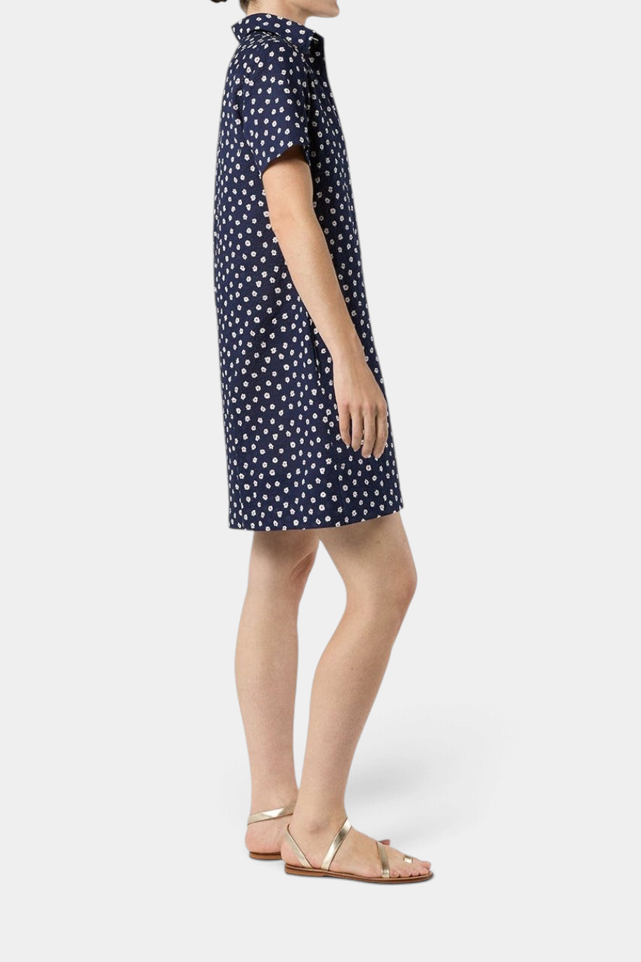 The Copper Shed navy blue daisy floral crinkle cotton popover shirtdress with short sleeves and side pockets
