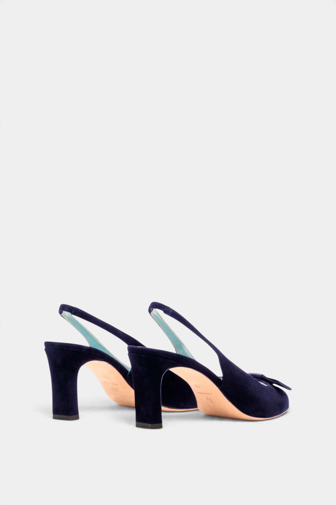 The Copper Shed navy suede Reese bow slingback heels with open-toe design and 2-inch block heel