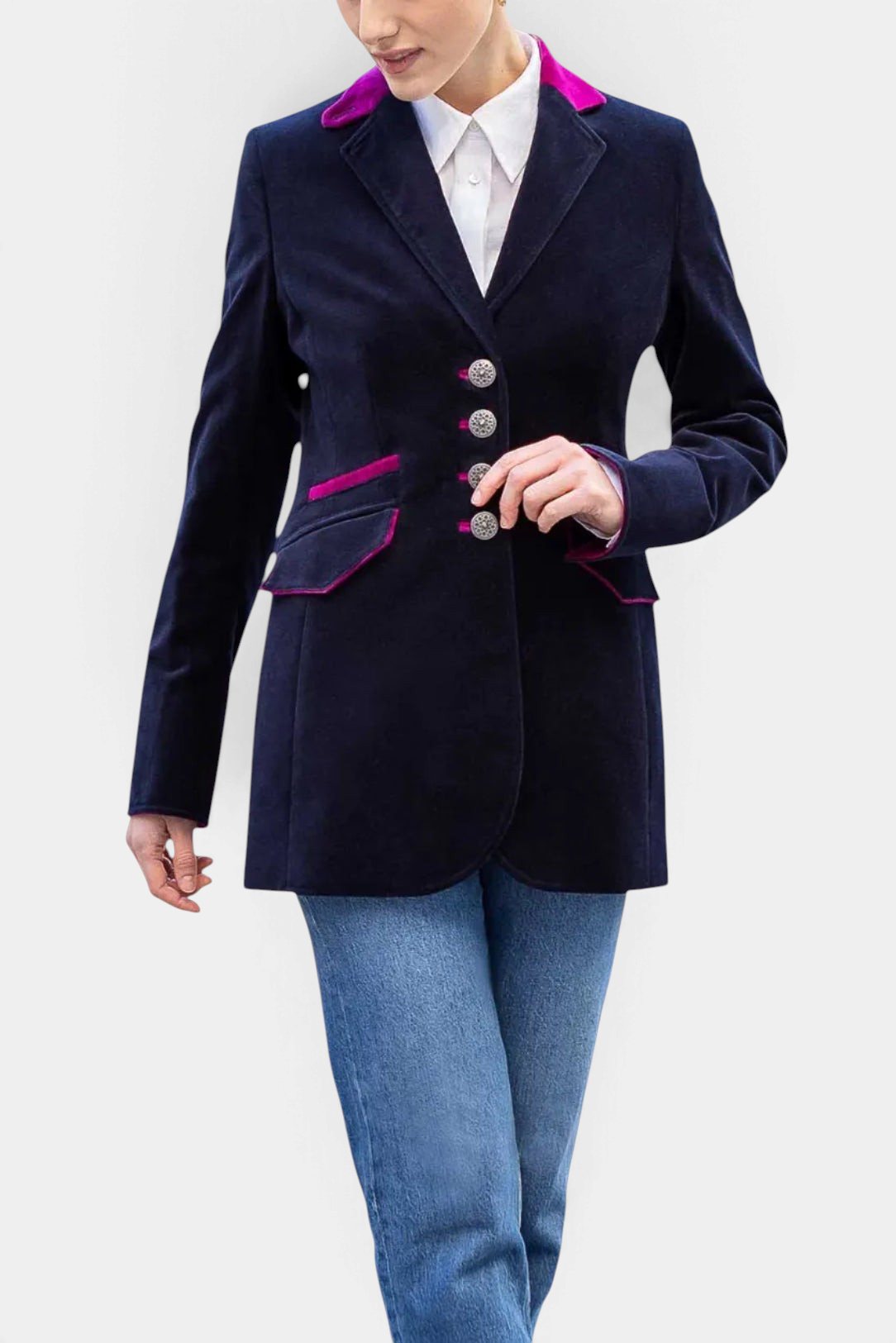 The Copper Shed navy blue velvet blazer with deep purple and pink trim, featuring ornate silver buttons.
