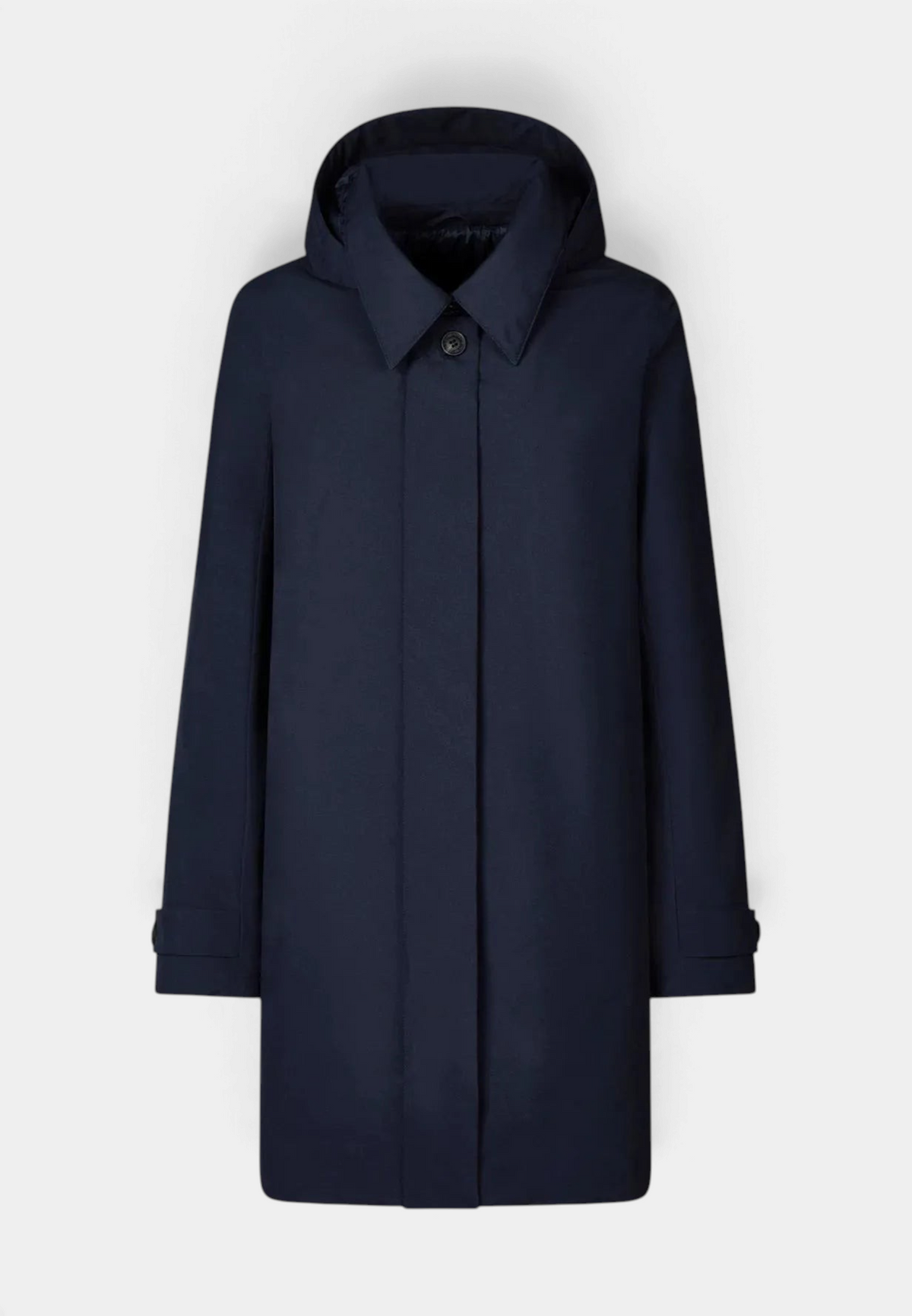 The Copper Shed Embie navy blue mid-length waterproof raincoat with a detachable hood and faux horn buttons.