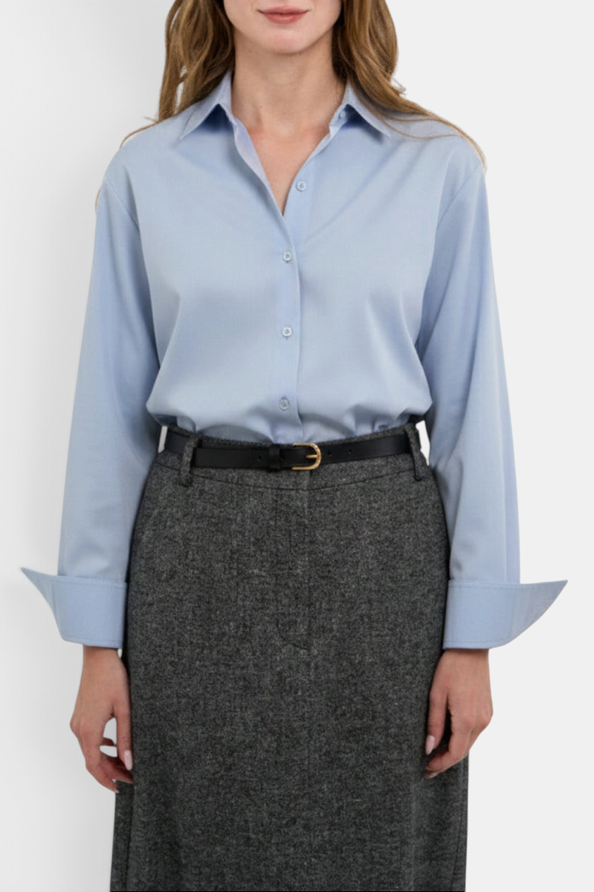 The Copper Shed Noa light blue cotton blouson shirt with button cuffs and a classic collar.