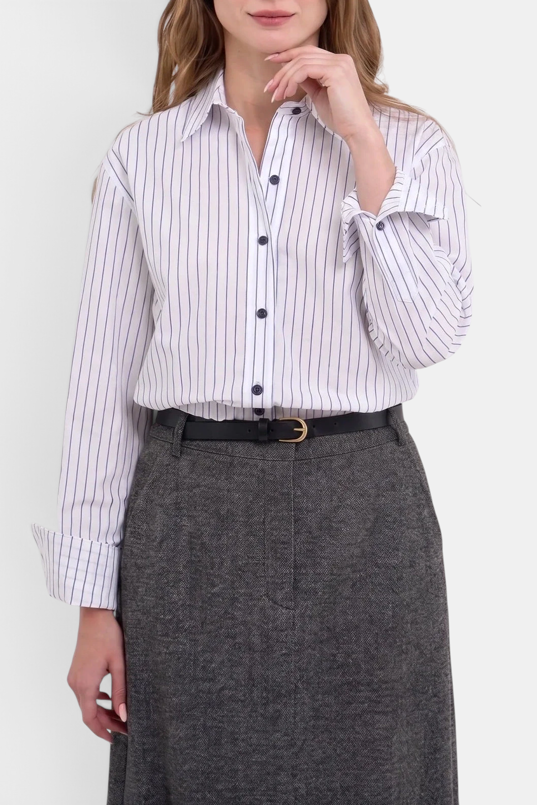 The Copper Shed Noa cropped cotton blouson shirt in white with blue vertical stripes and button cuffs.