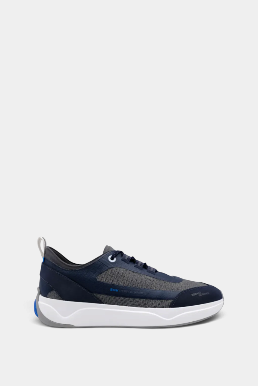 The Copper Shed Offshore Shoe in navy and grey with breathable Leno Weave upper and high-traction marine sole.