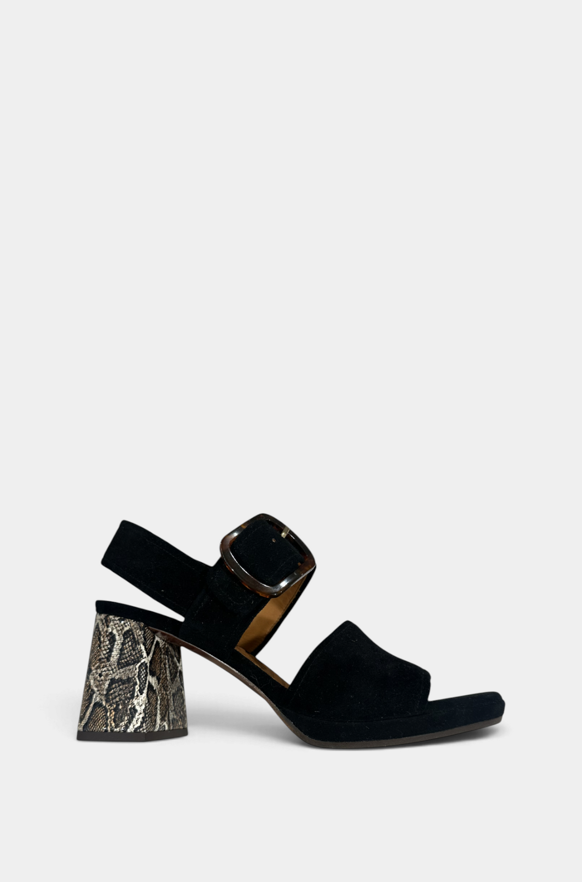 The Copper Shed Ogiki black suede heel with a snakeskin print block heel and tortoise shell buckle detail