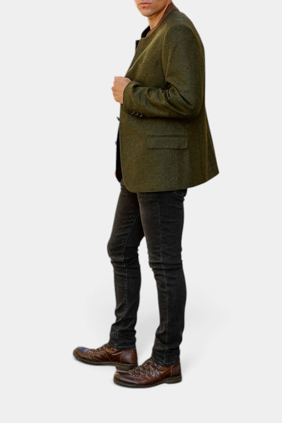 The Copper Shed Edward classic Austrian jacket in olive green wool with a suede mandarin collar and leather buttons.
