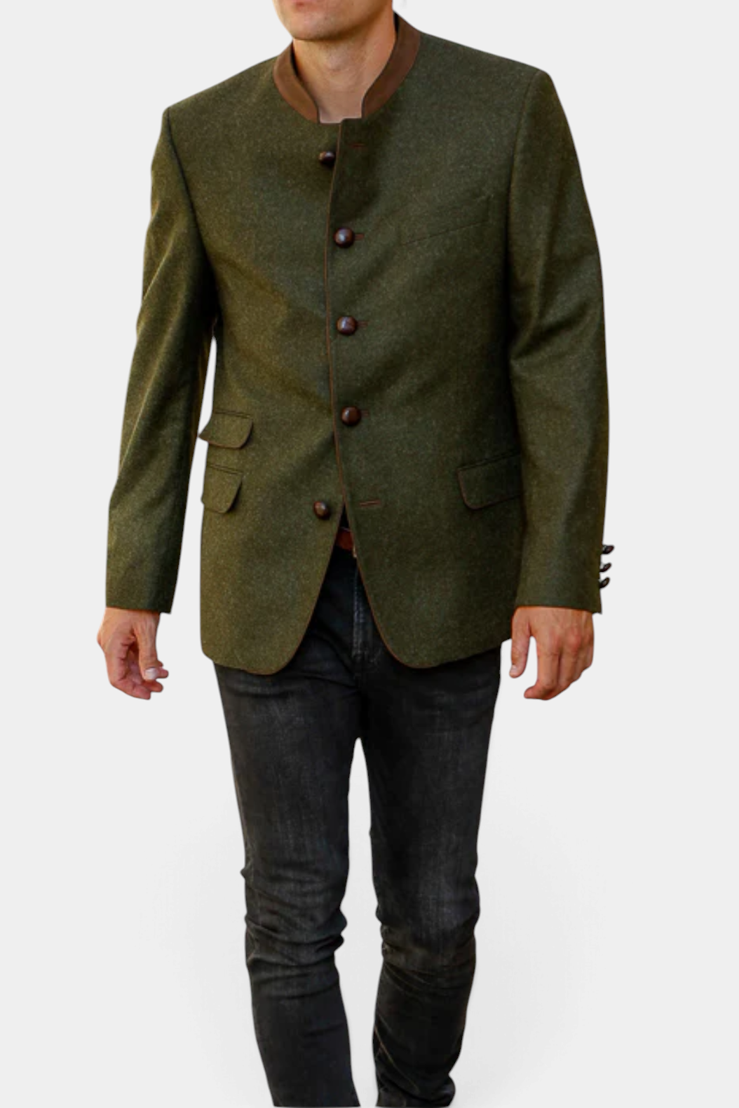 The Copper Shed Edward classic Austrian jacket in olive green wool with a suede mandarin collar and leather buttons.