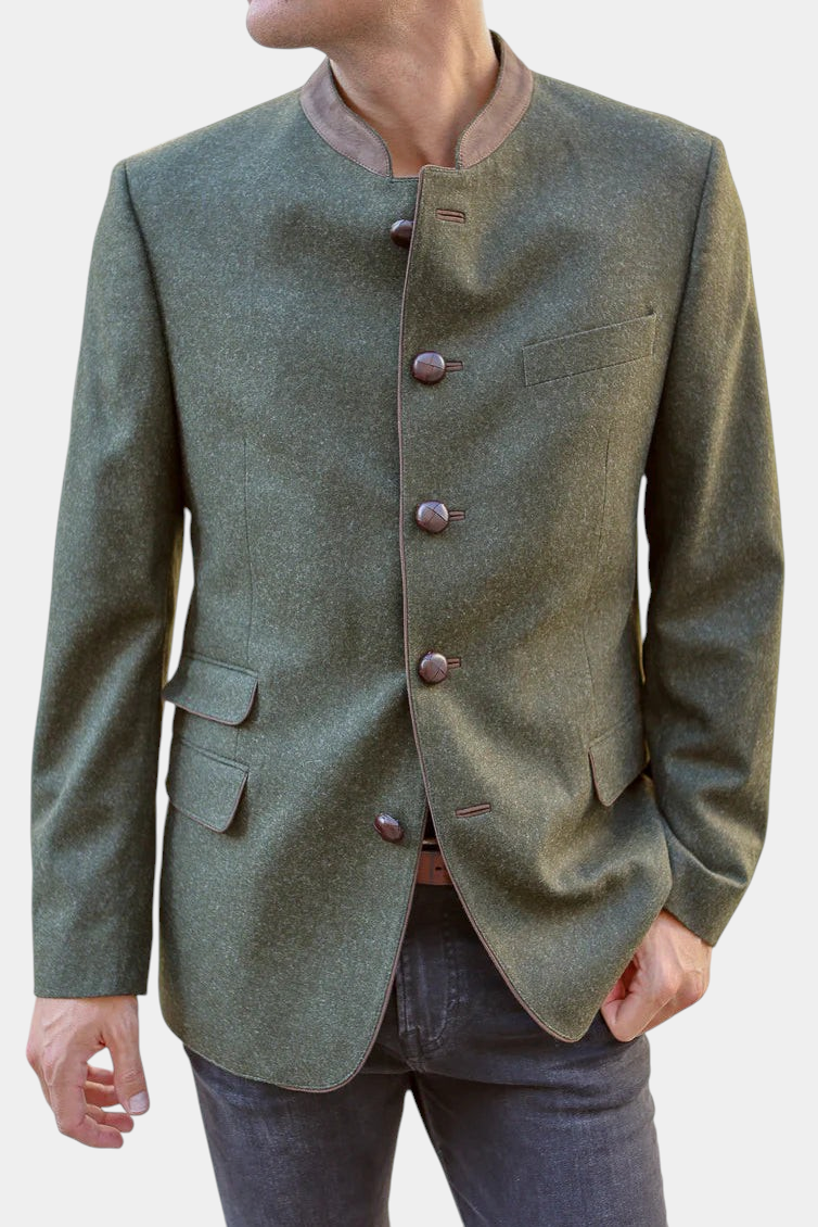 The Copper Shed Edward classic Austrian jacket in olive green wool with a suede mandarin collar and leather buttons.