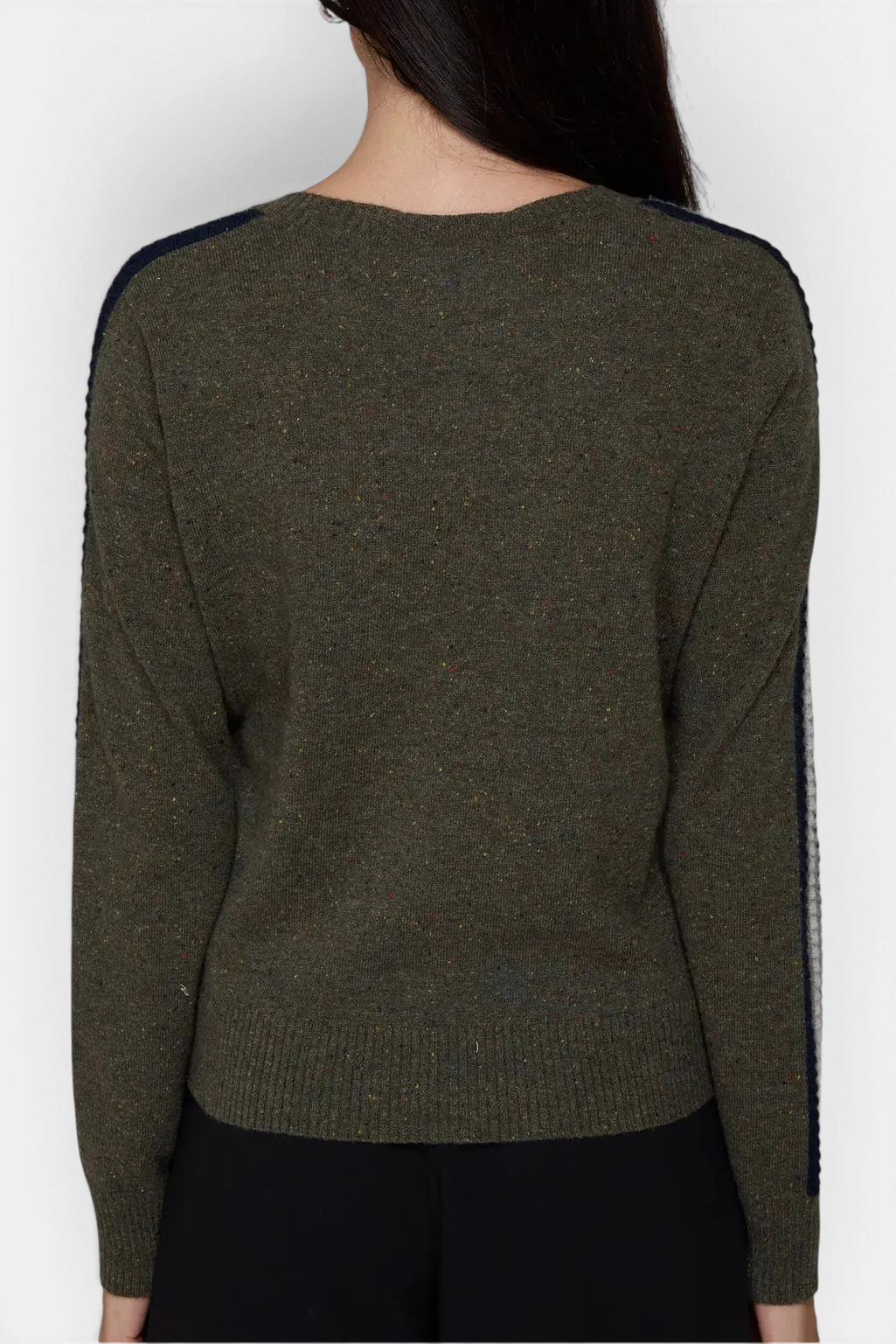 Back view of The Copper Shed cashmere crewneck sweater in olive green with chunky racing stripes on the sleeves.