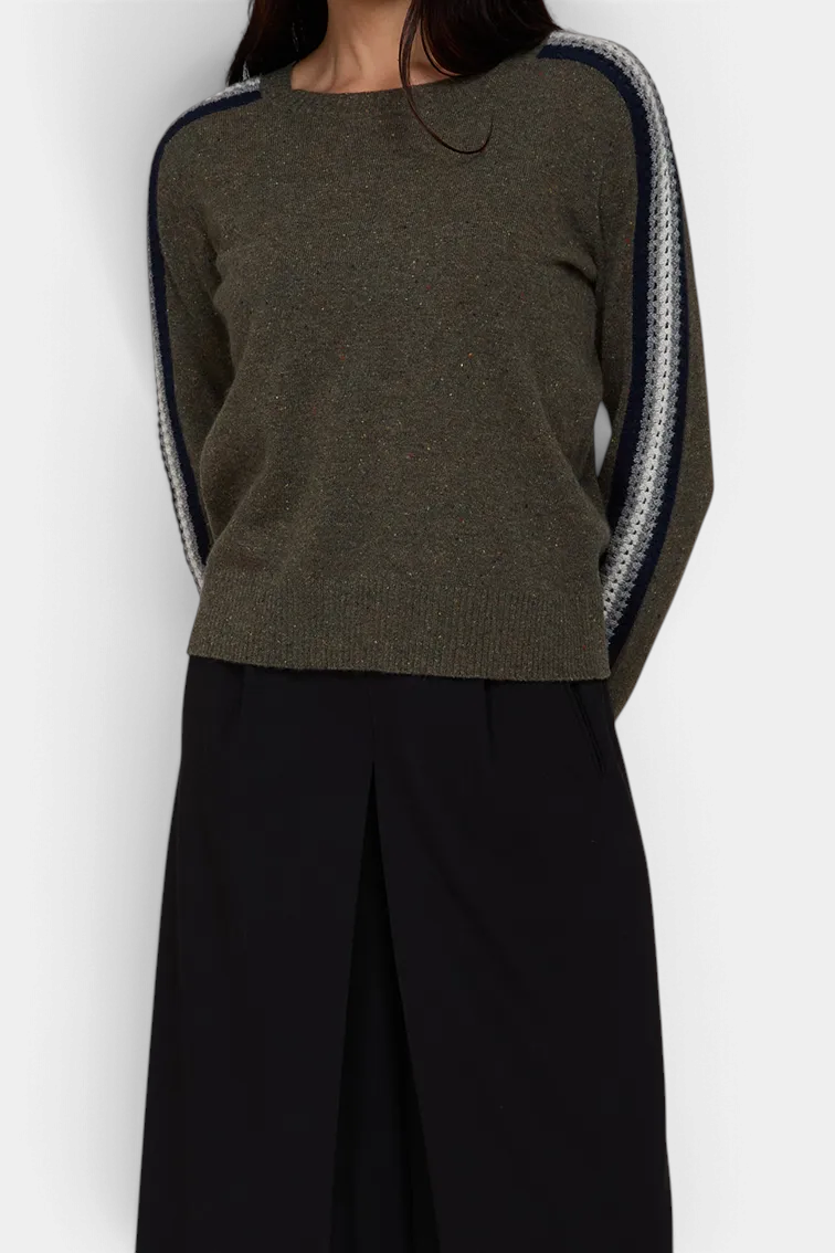 The Copper Shed olive green cashmere crewneck sweater with chunky racing stripes on the sleeves and ribbed trim.