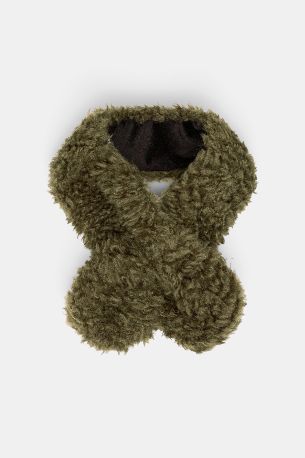 The Copper Shed olive green faux sheepskin scarf with a velvet lining and a unique crossover tuck-through design.