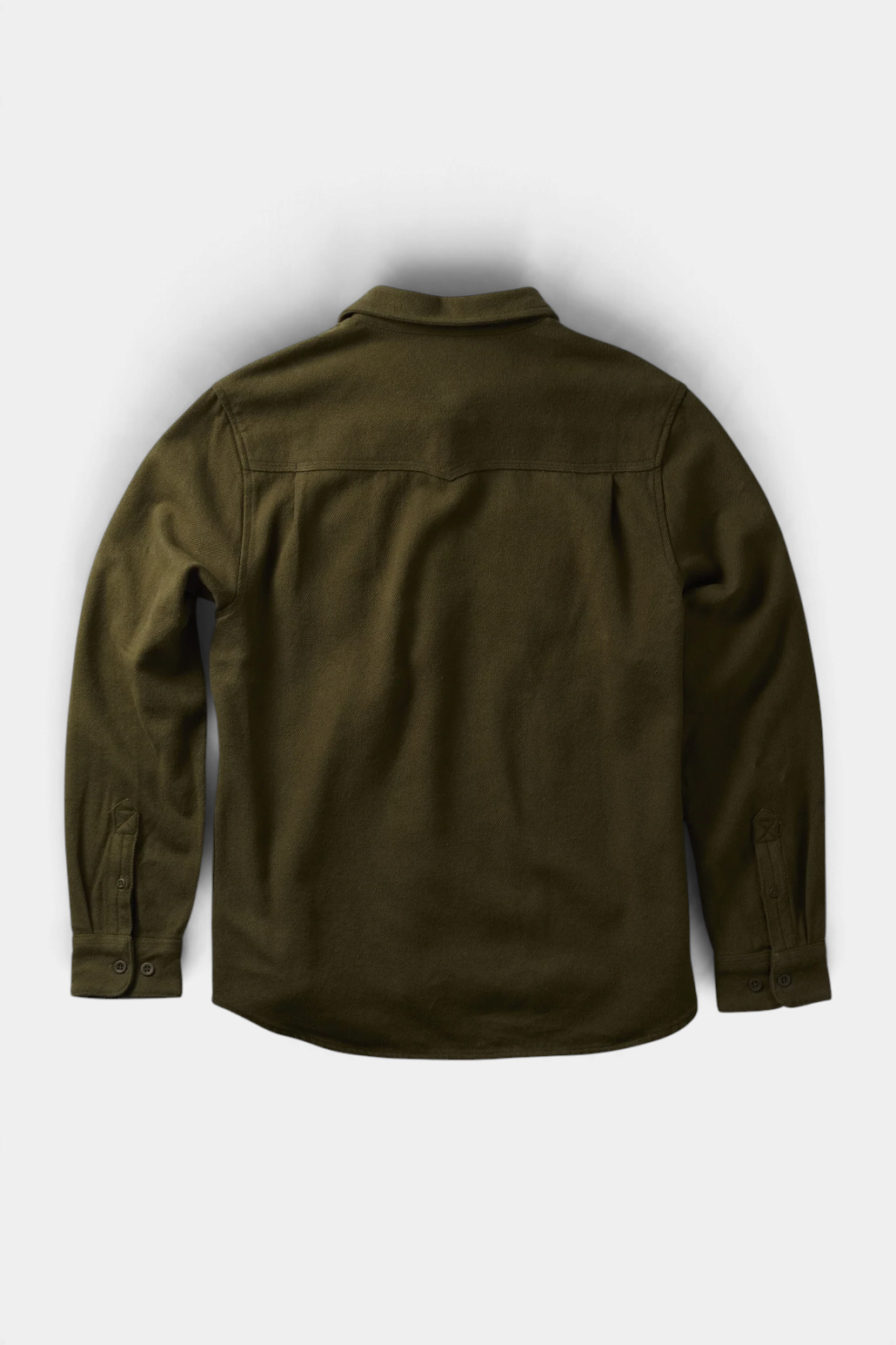 The Copper Shed Frontier Flannel shirt in olive green organic cotton, shown from the back with a classic yoke design.
