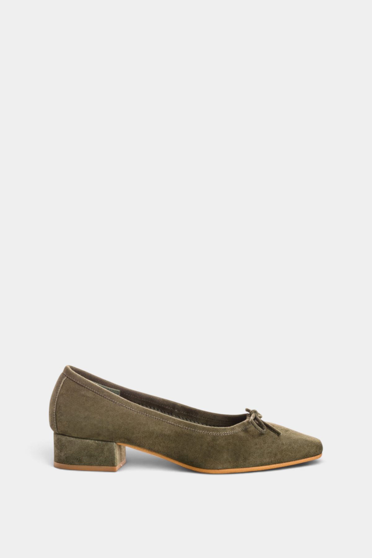 The Copper Shed olive green suede ballerina flats with a 3cm block heel and delicate bow detail
