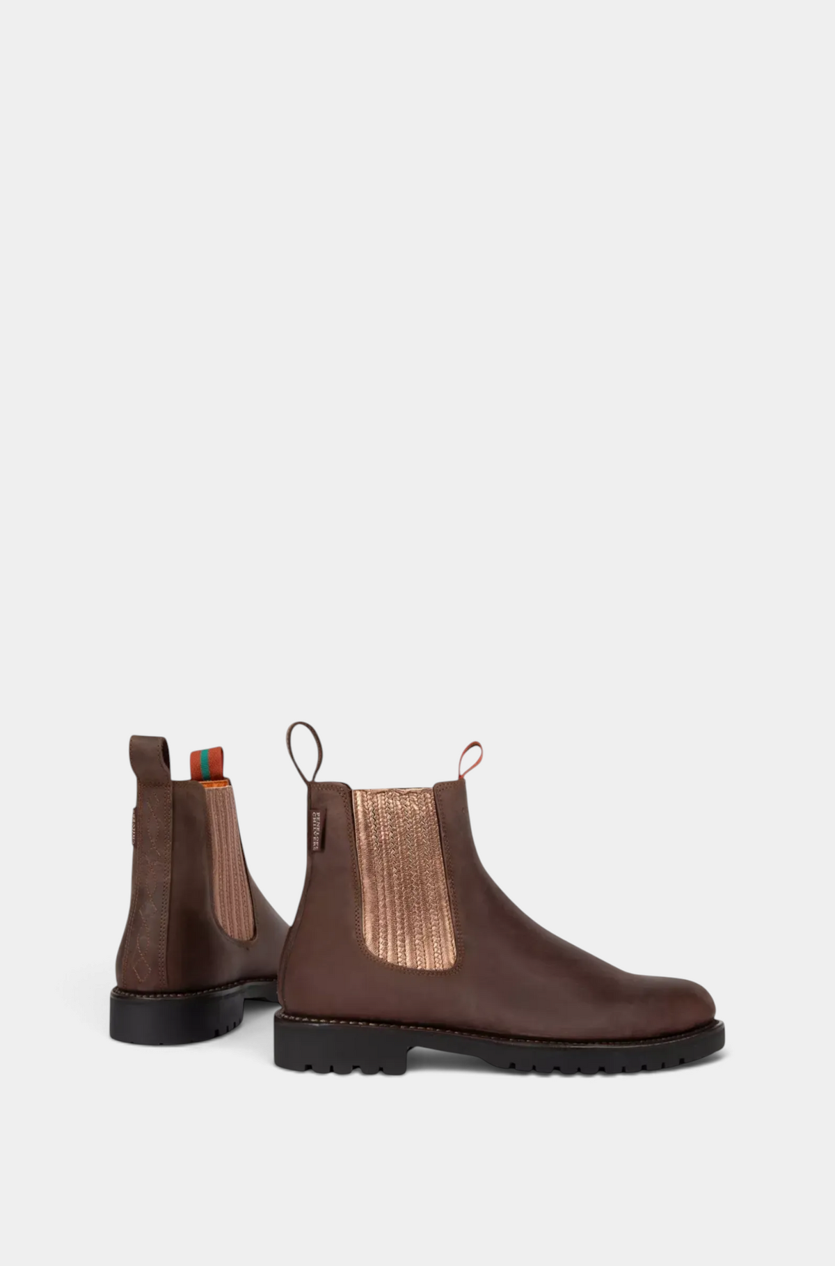 The Copper Shed Oscar Chelsea boots in bitter chocolate Spanish leather with rose gold elastic side panels.