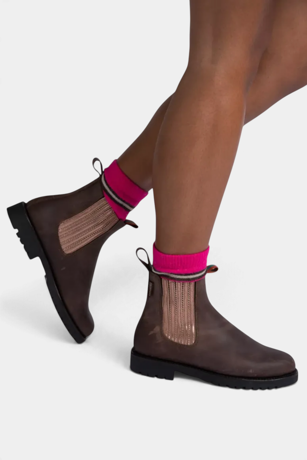 The Copper Shed Oscar Chelsea boot in bitter chocolate Spanish leather with rose gold elastic and tread sole.