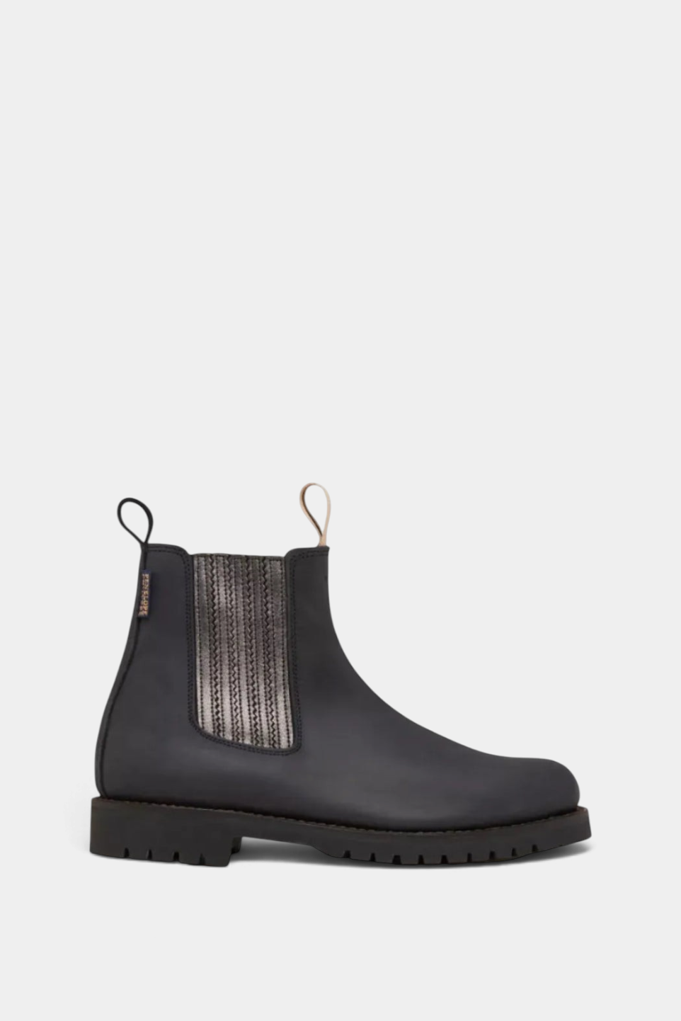 The Copper Shed Oscar Chelsea boot in bitter chocolate Spanish leather with rose gold elastic side panel and tread sole