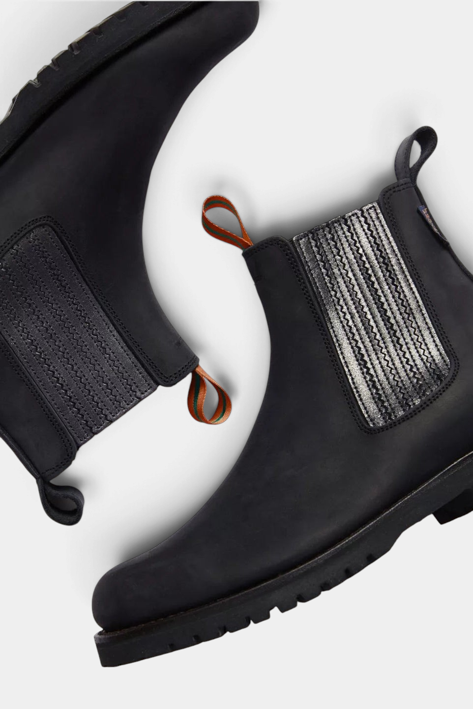 The Copper Shed Oscar Chelsea boots in bitter chocolate leather with rose gold metallic side panels and tread soles.