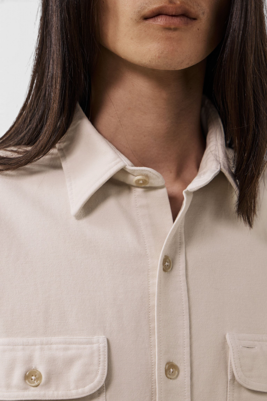 The Copper Shed Paco cream brushed cotton flannel shirt featuring a classic collar and button-down front.