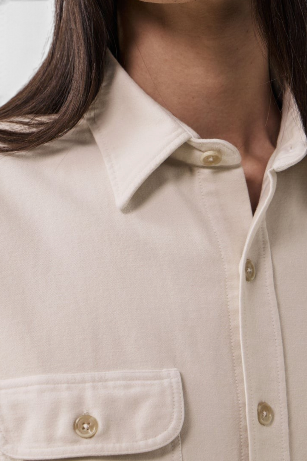 The Copper Shed Paco off-white brushed cotton flannel shirt with classic collar and buttoned chest pocket detail.