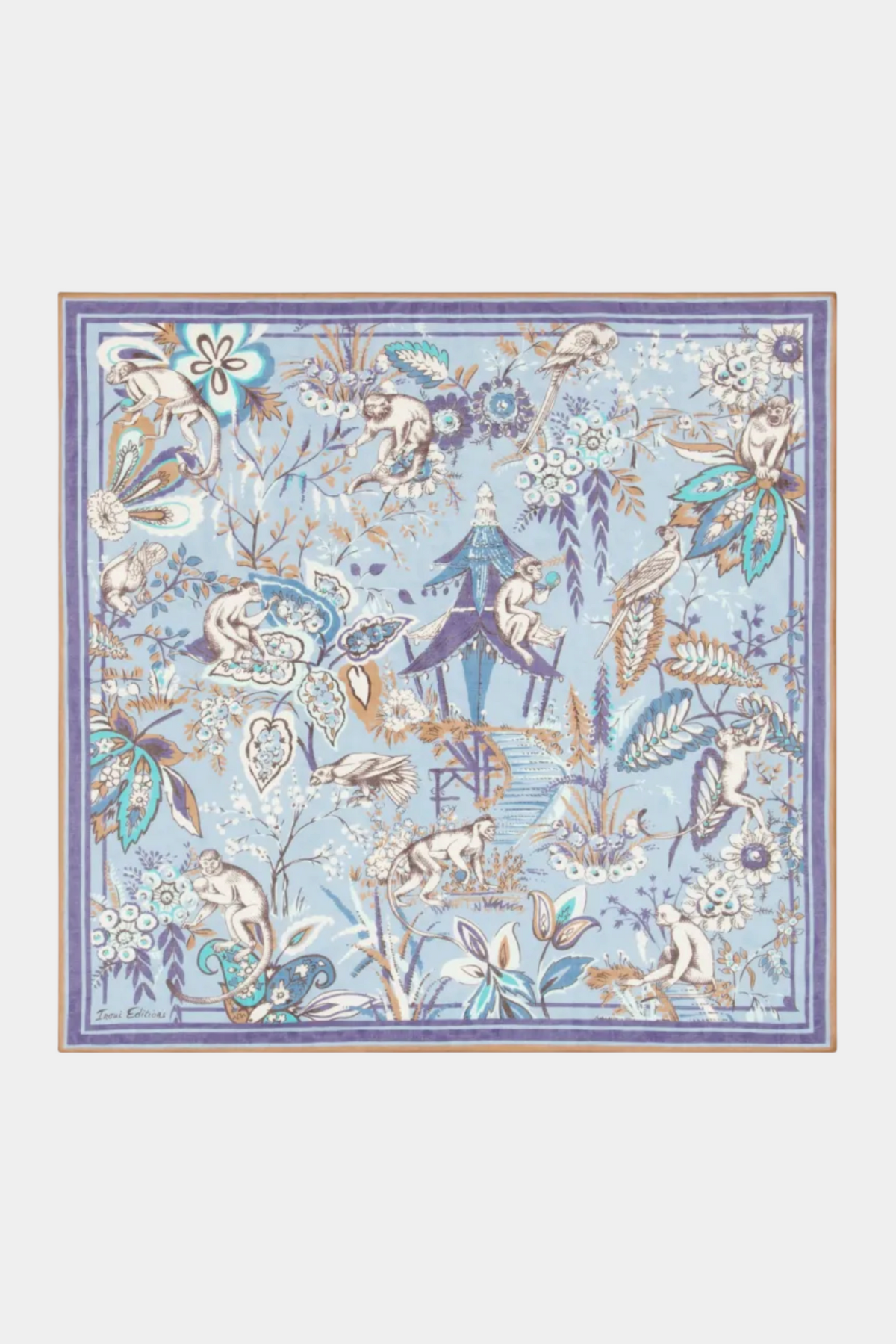 The Copper Shed Square 70 Pagode scarf in light blue cotton featuring an intricate monkey and floral print