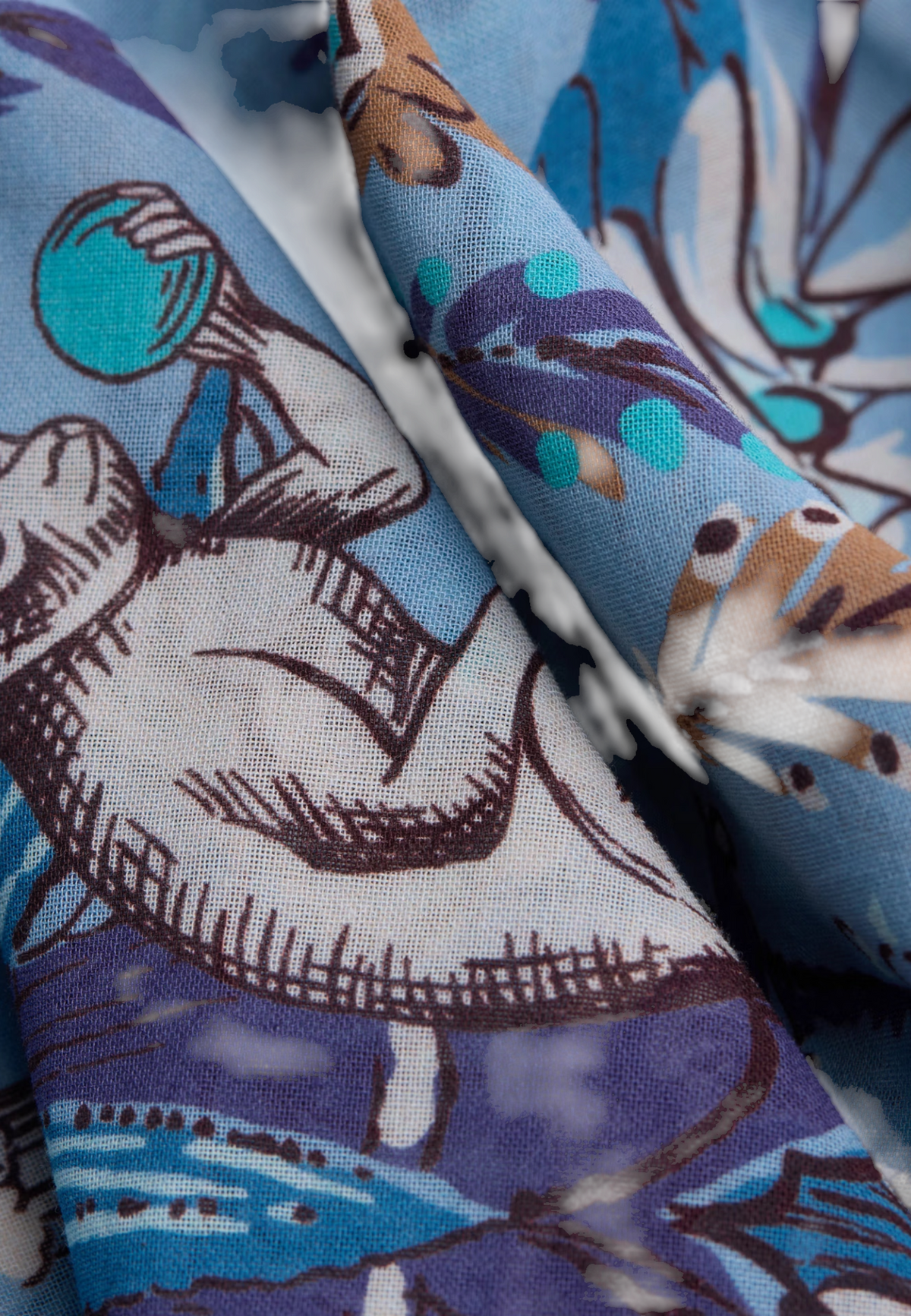 The Copper Shed Square 70 Pagode cotton scarf in blue featuring a detailed artistic print of figures and foliage.