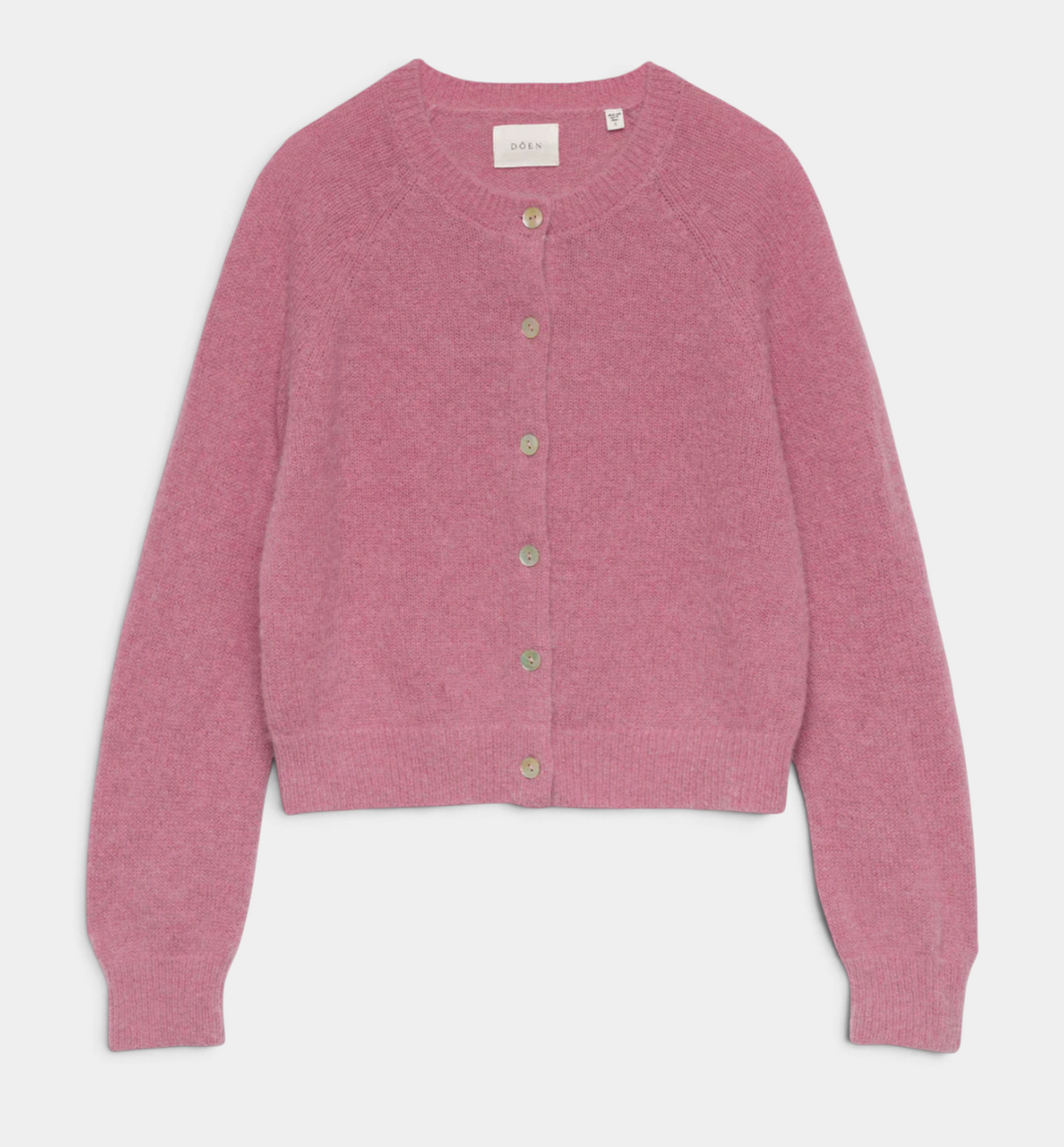 The Copper Shed Petra Cardigan in pink alpaca and merino wool blend with shell buttons and raglan sleeves