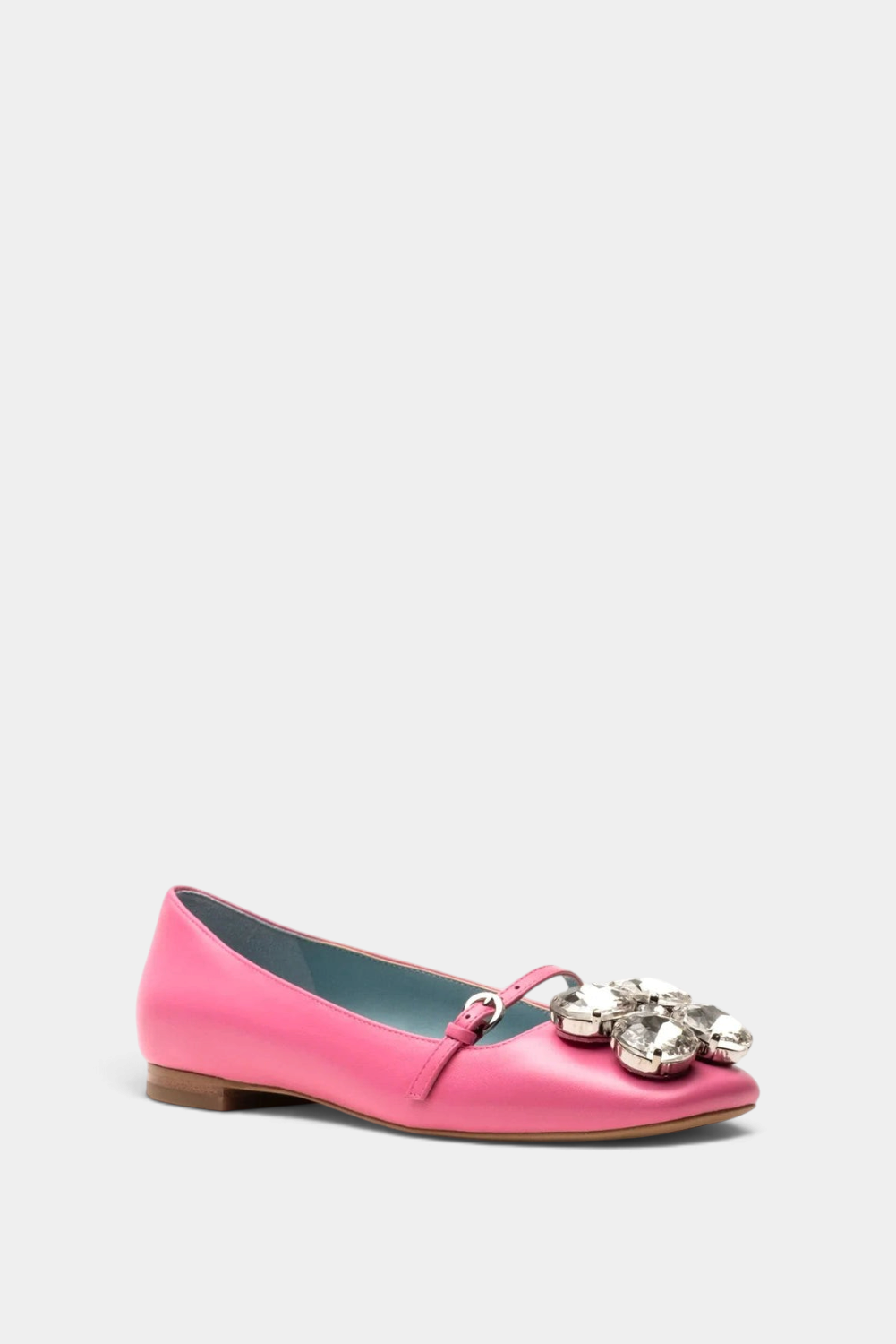 The Copper Shed Josephine square-toe ballet flat in pink with clear crystal jewel embellishments and a buckled strap.