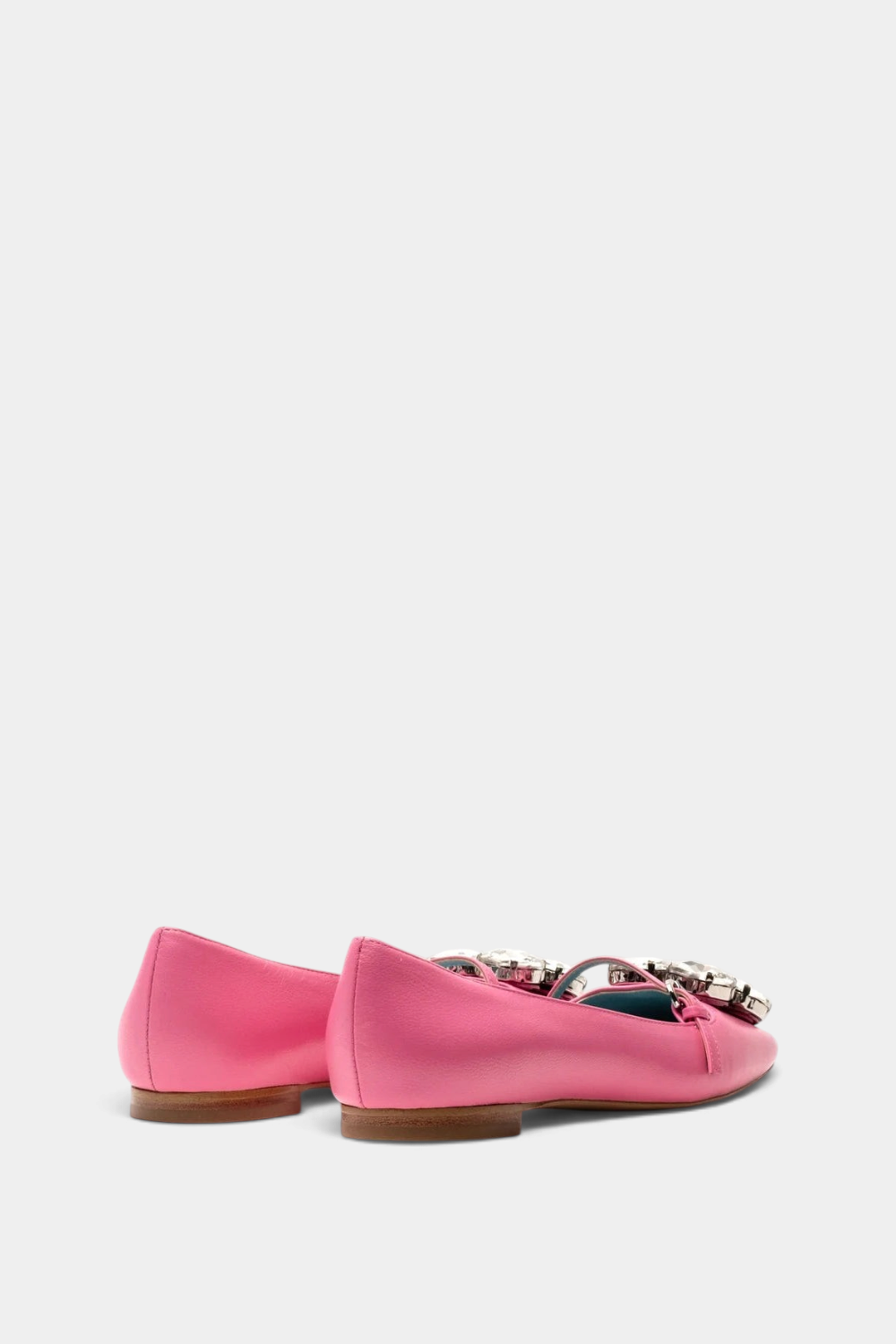 The Copper Shed Josephine square-toe ballet flat in bright pink with clear crystal jewel embellishments.