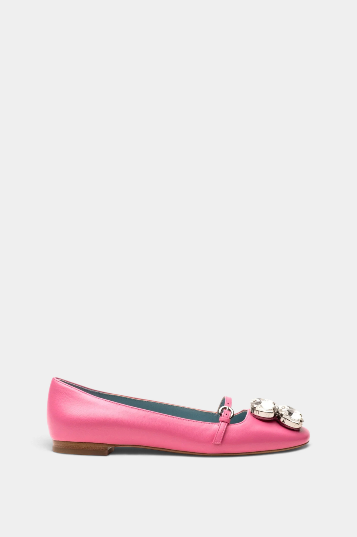 The Copper Shed Josephine ballet flat in bright pink with a square toe and clear crystal jewel embellishments.
