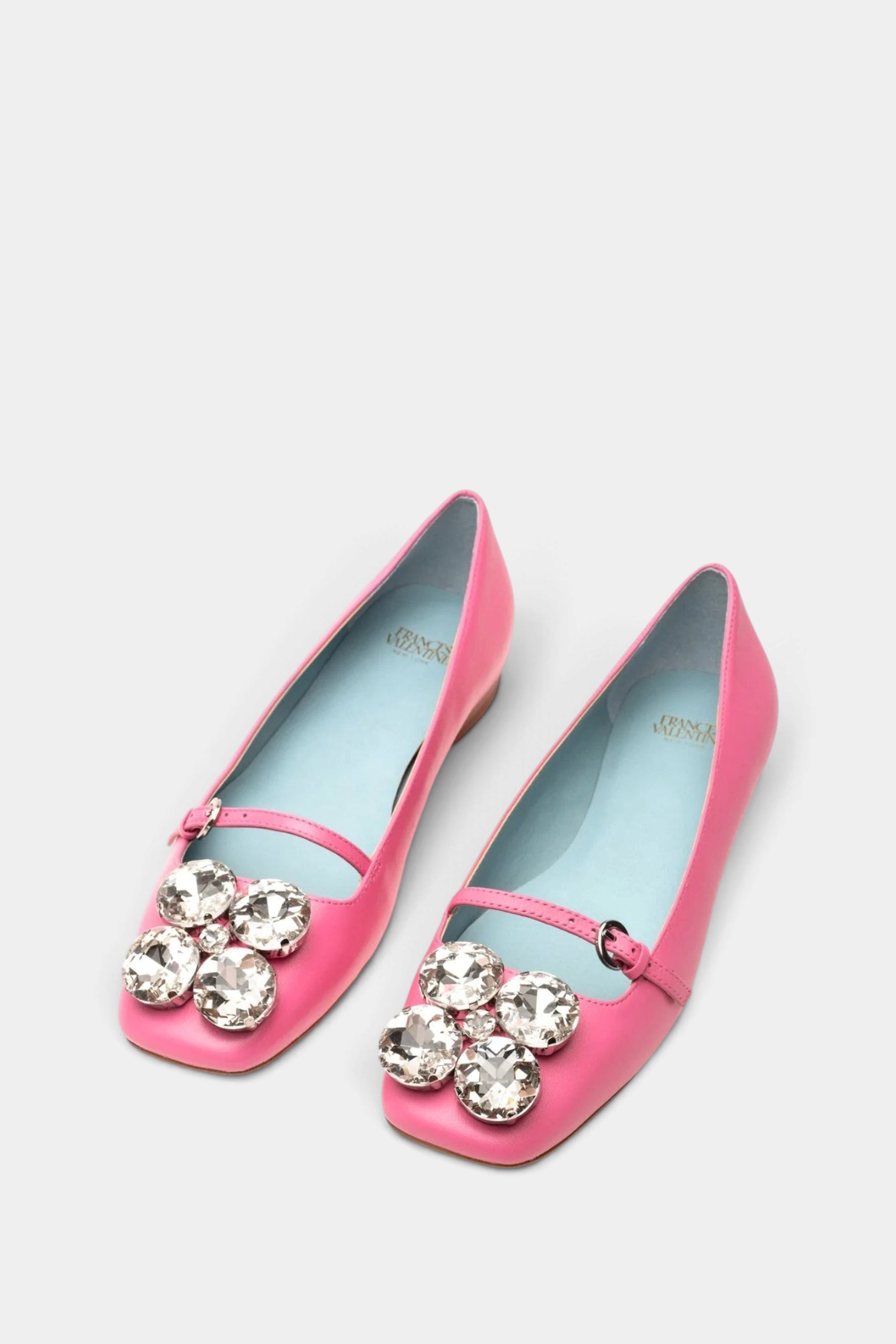 The Copper Shed Josephine square-toe ballet flats in bright pink with clear crystal jewel embellishments.