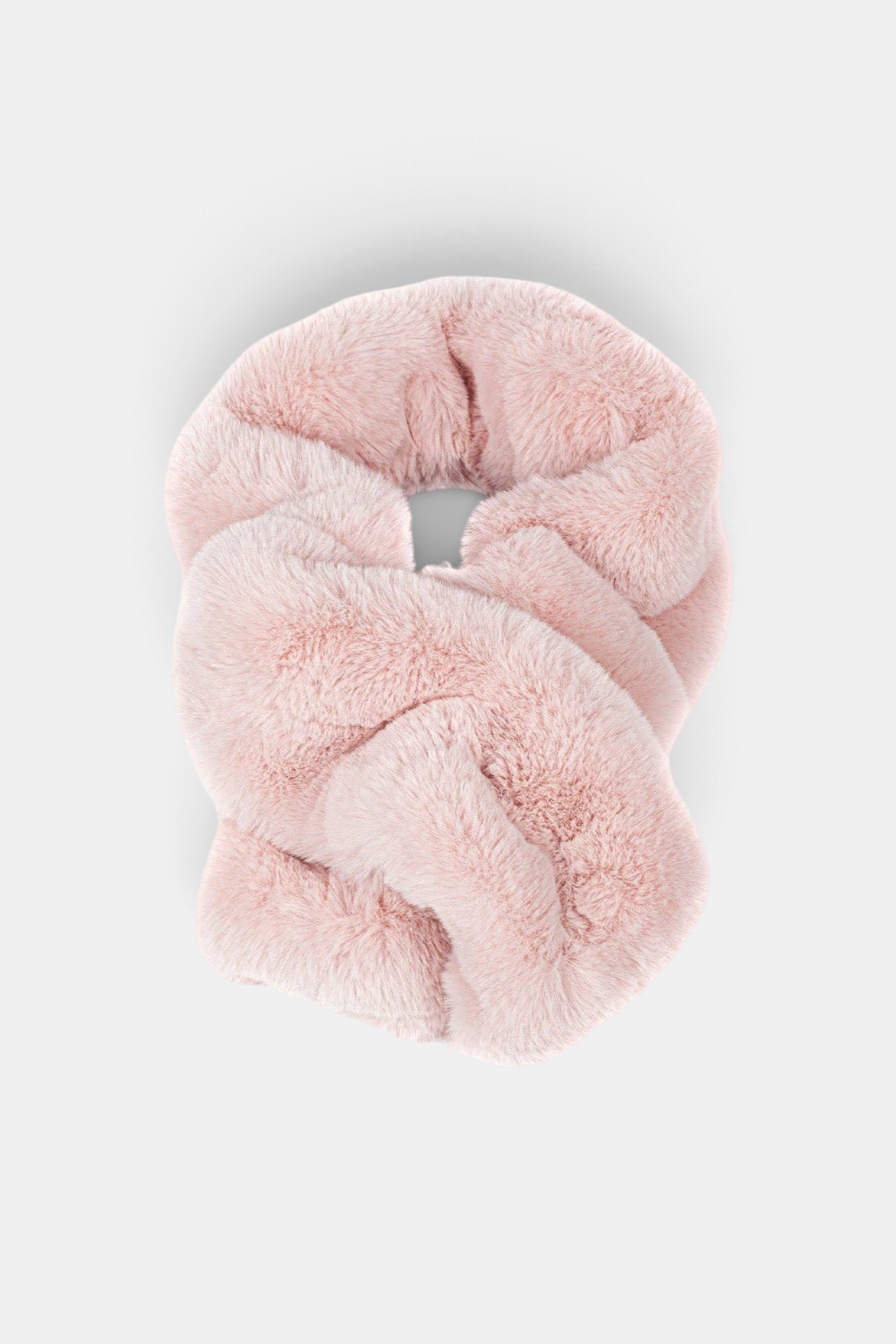 The Copper Shed blush pink faux fur ruffle scarf with a stretch-gathered texture and elasticated loop closure.