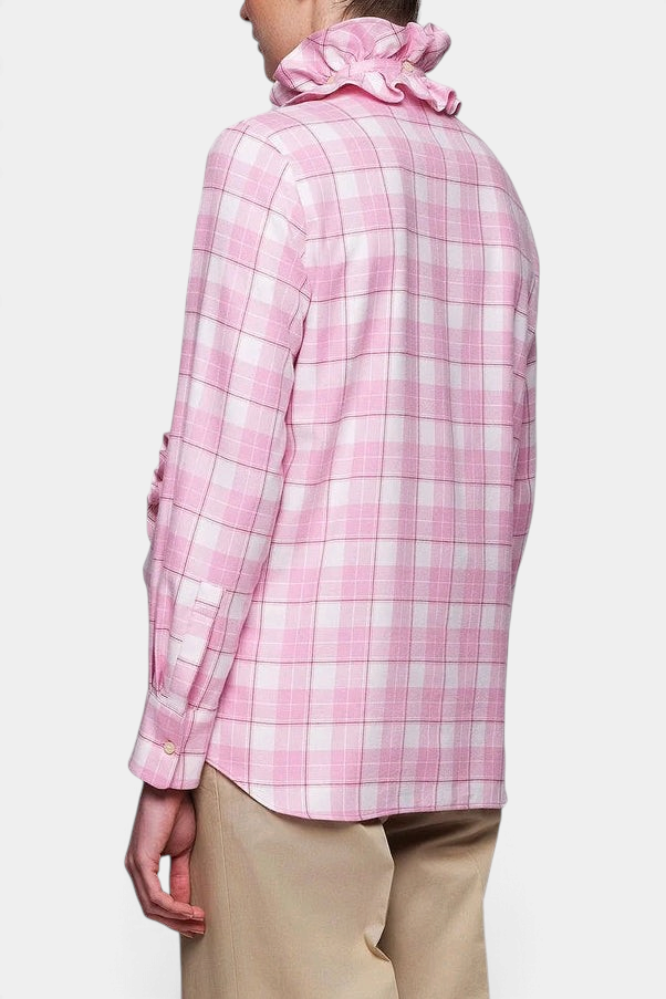 The Copper Shed pink plaid cotton flannel shirt with a removable ruffle collar, back view