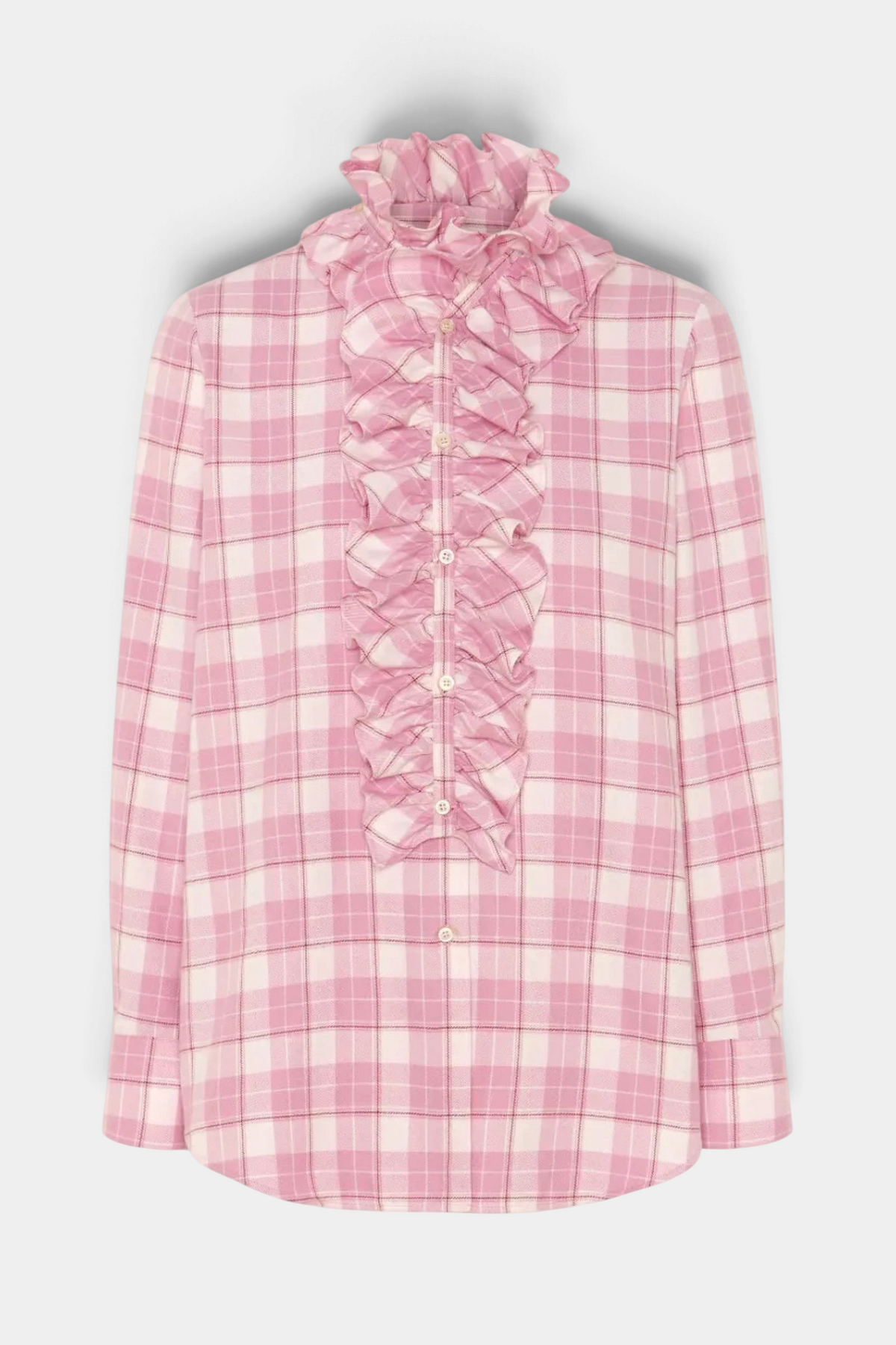 The Copper Shed pink plaid cotton flannel shirt with a removable ruffle collar and button-front closure.