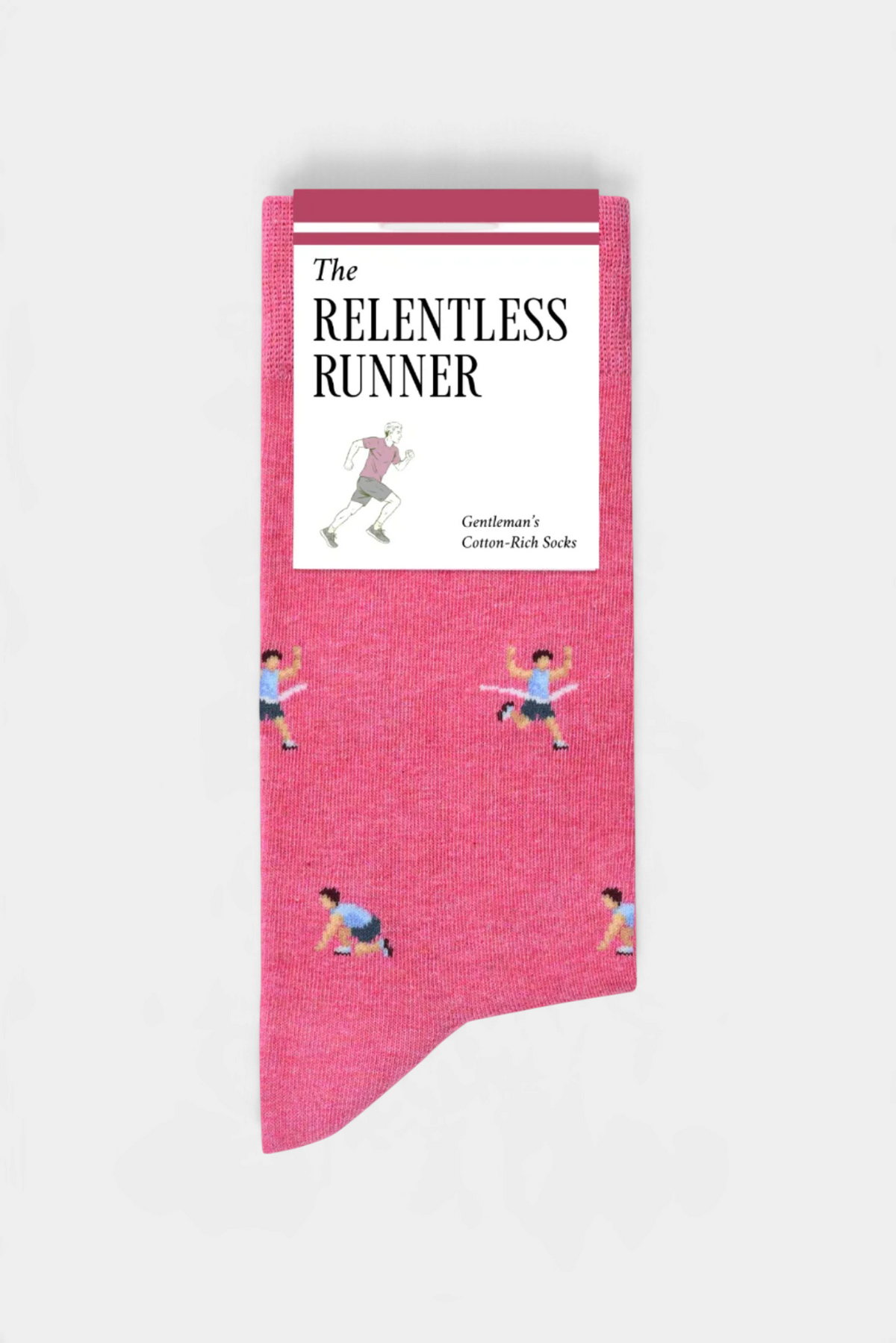 The Copper Shed pink cotton-rich novelty socks featuring a repeating pattern of runners crossing a finish line.