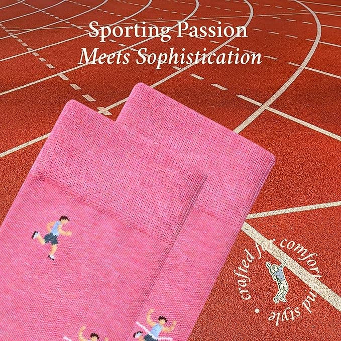 The Copper Shed pink cotton-blend novelty socks featuring a repeating pattern of runners on a track background.
