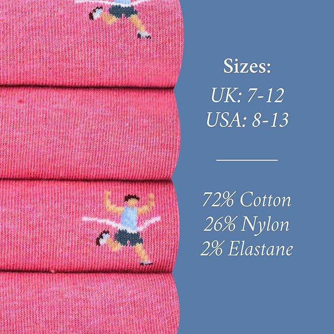 The Copper Shed pink novelty socks featuring a runner pattern, made from a comfortable cotton blend.