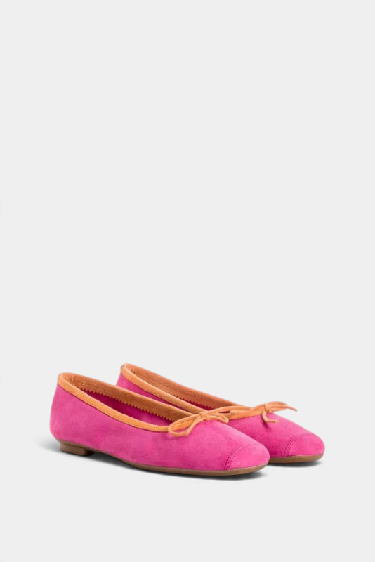 The Copper Shed Harmony suede ballerinas in vibrant pink with orange trim and a delicate bow detail