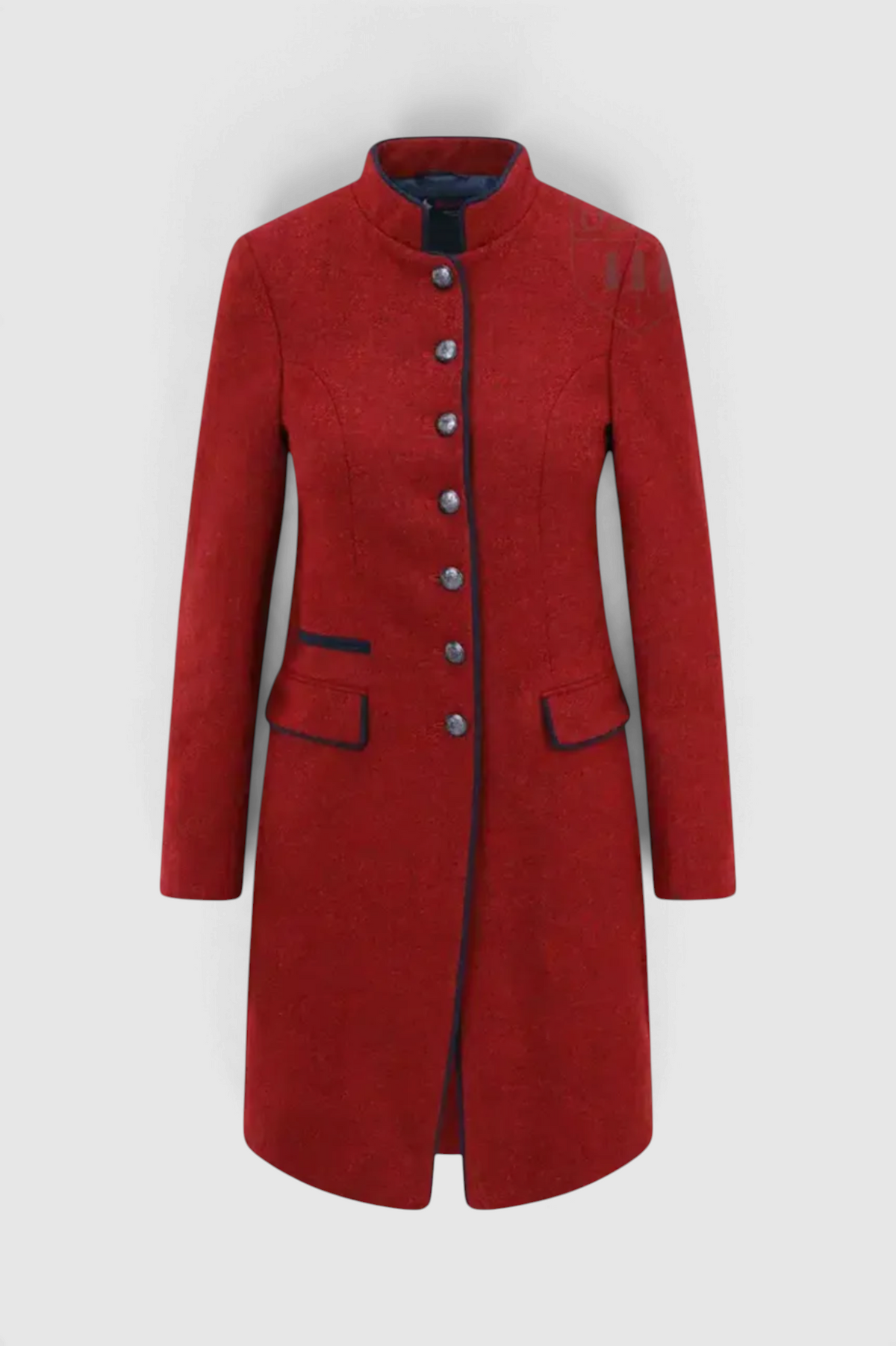 The Copper Shed Pinta Millie tweed jacket in deep red with navy trim, military collar, and ornate button front.