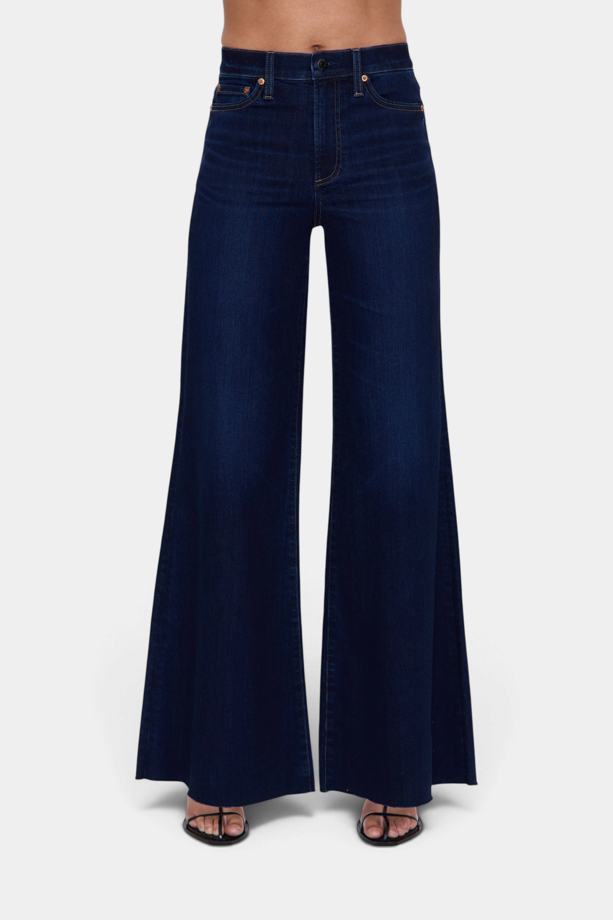 The Copper Shed Pistola Izzy high rise wide leg jeans in dark wash denim with a raw hem