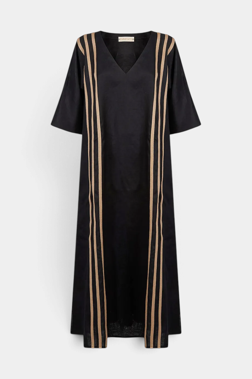 The Copper Shed PUROTATTO black kimono dress with vertical beige striped detailing and a V-neckline.